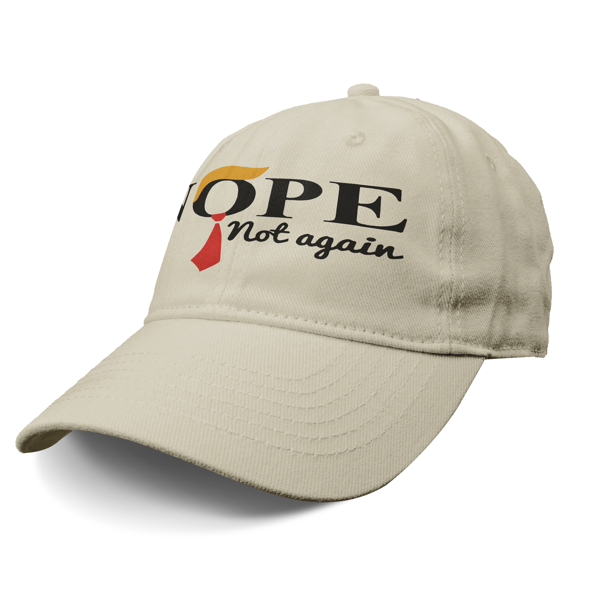 Nope - Not Again With Hair and Tie baseball cap in tan color with text design.