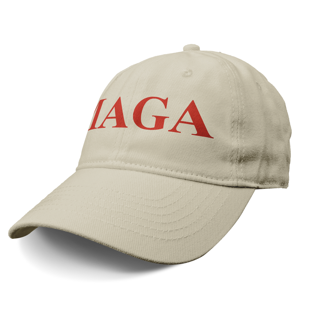 MAGA Red Letters Apparel Style cap featuring bold red letters on a beige background, perfect for expressing personal values.