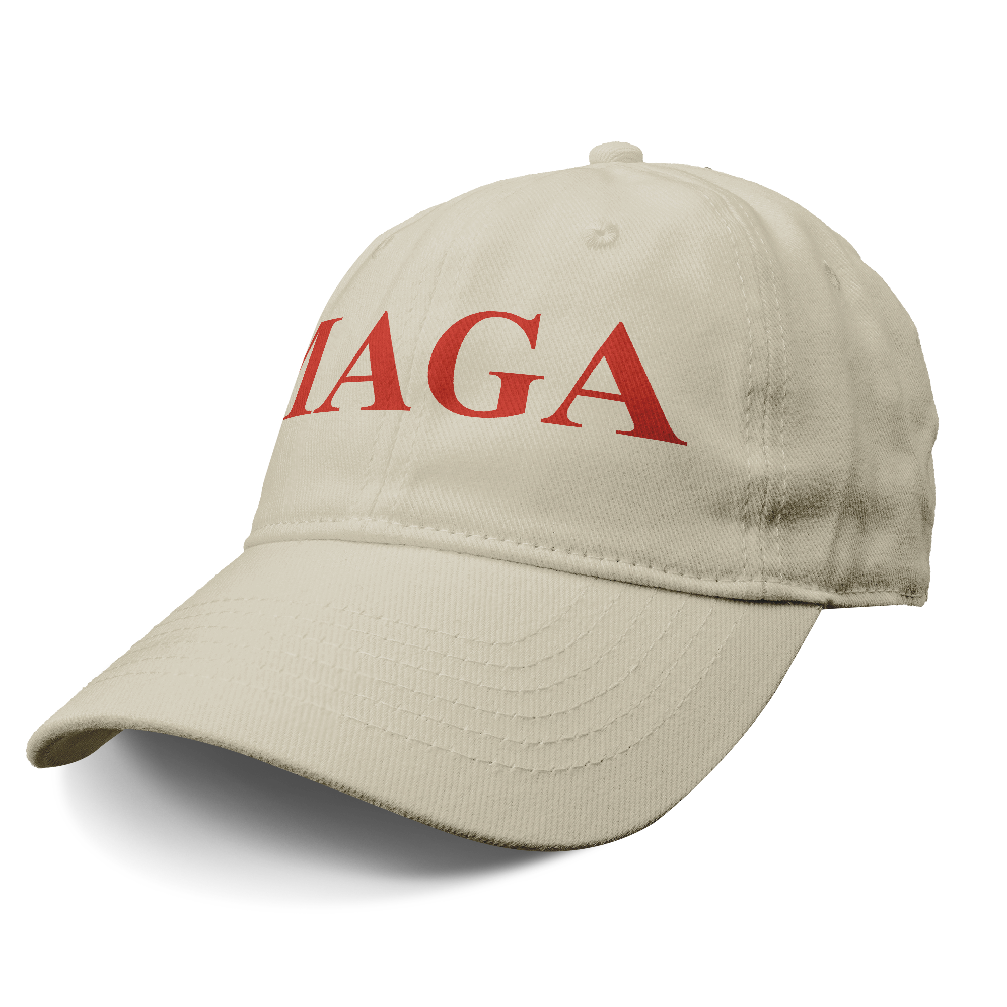 MAGA Red Letters Apparel Style cap featuring bold red letters on a beige background, perfect for expressing personal values.