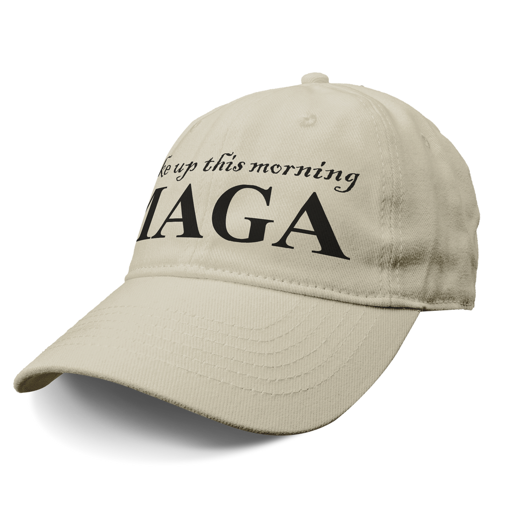 Woke Up This Morning Maga Blk Letters graphic cap featuring stylish black lettering on a beige background.