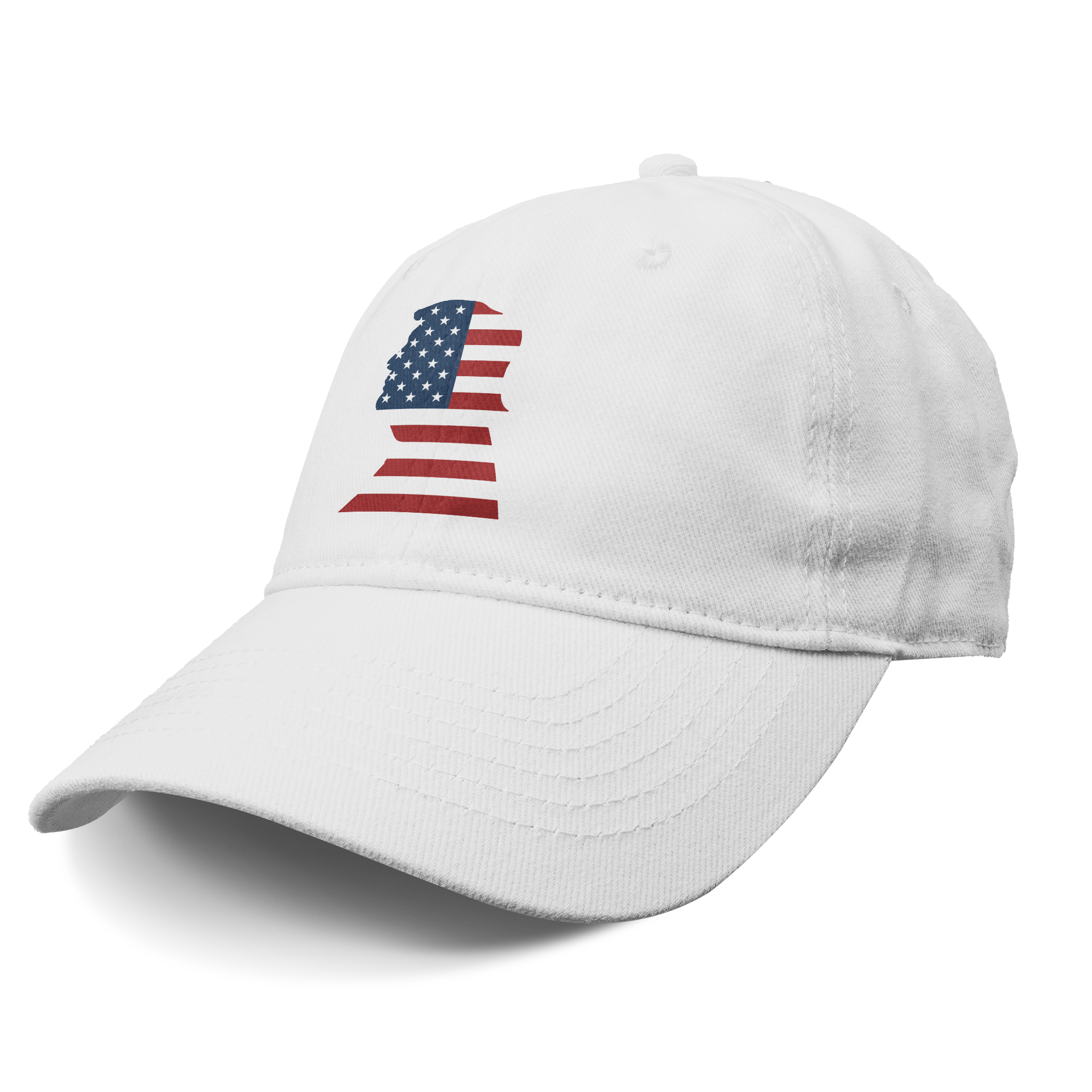 Trump As American Flag Apparel white cap with American flag design on the front, ideal for patriots.