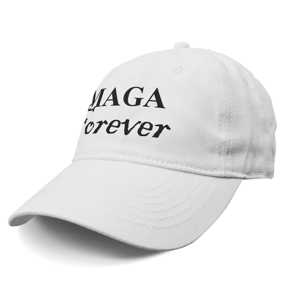MAGA Forever Black Letters Style white baseball cap featuring bold black text.