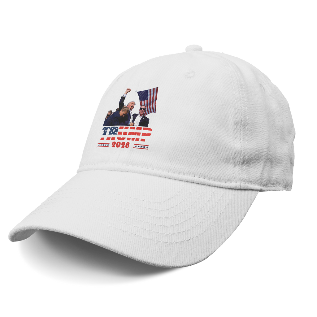 White cap featuring Trump Shot 2028 Graphic Design with patriotic imagery and vibrant colors.