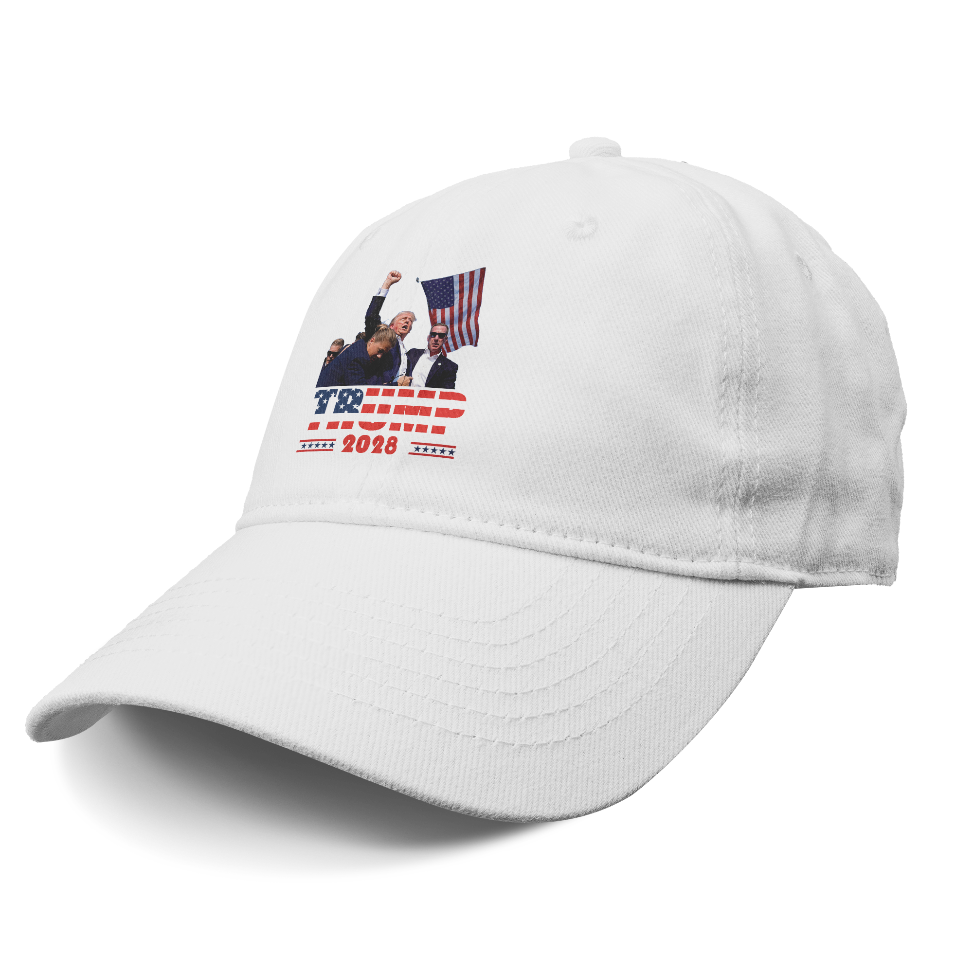 White cap featuring Trump Shot 2028 Graphic Design with patriotic imagery and vibrant colors.