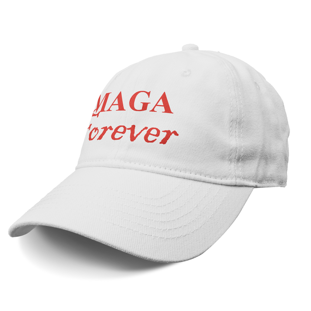 MAGA Forever Red Letters Graphic baseball cap featuring red text on a white background.