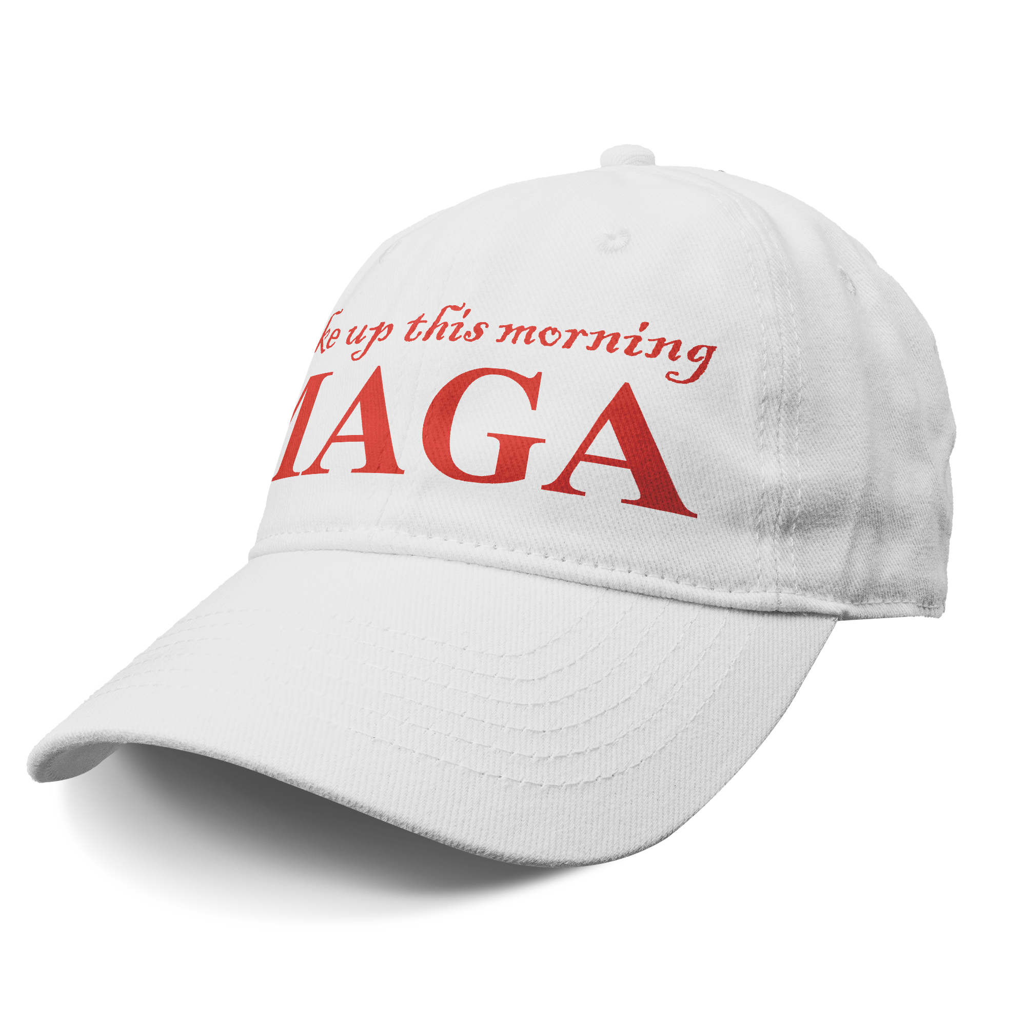 Woke Up This Morning Maga Red Letters graphic cap in white with red lettering.