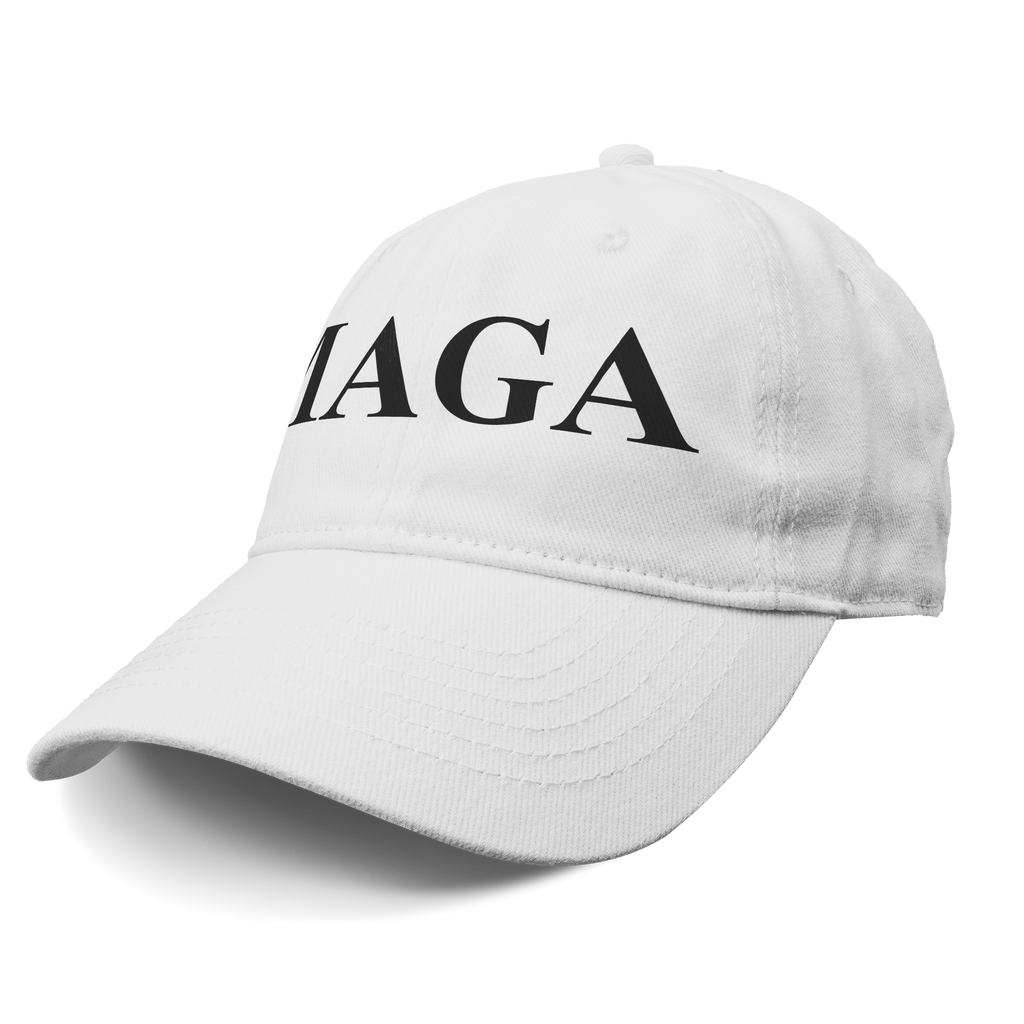 MAGA Black Letters Custom Print white cap with bold black letters.