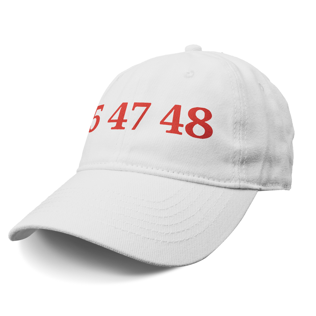 45 47 48 Trump Cap Red Word Art featuring bold red numbers on a white cap for patriotic expression.