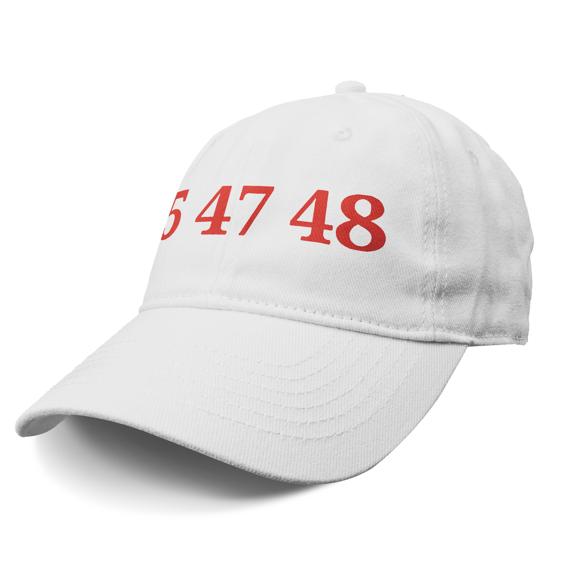45 47 48 Trump Cap Red Word Art featuring bold red numbers on a white cap for patriotic expression.
