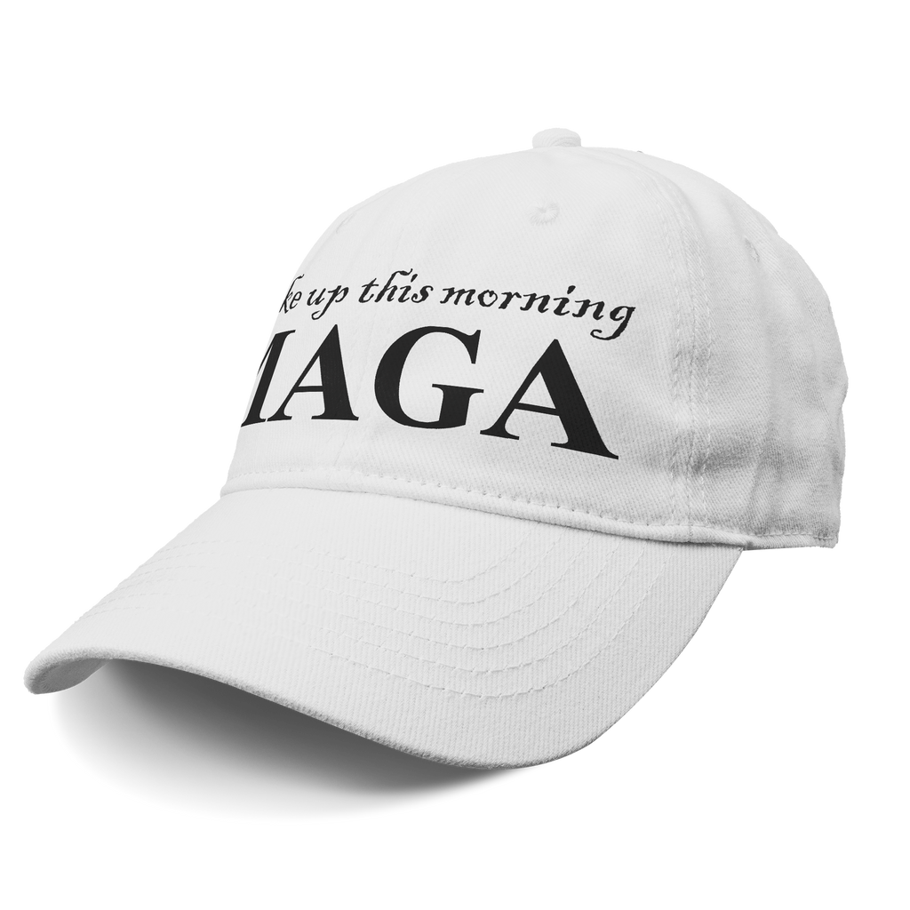 Woke Up This Morning Maga Blk Letters graphic cap showcasing a powerful message in bold lettering.