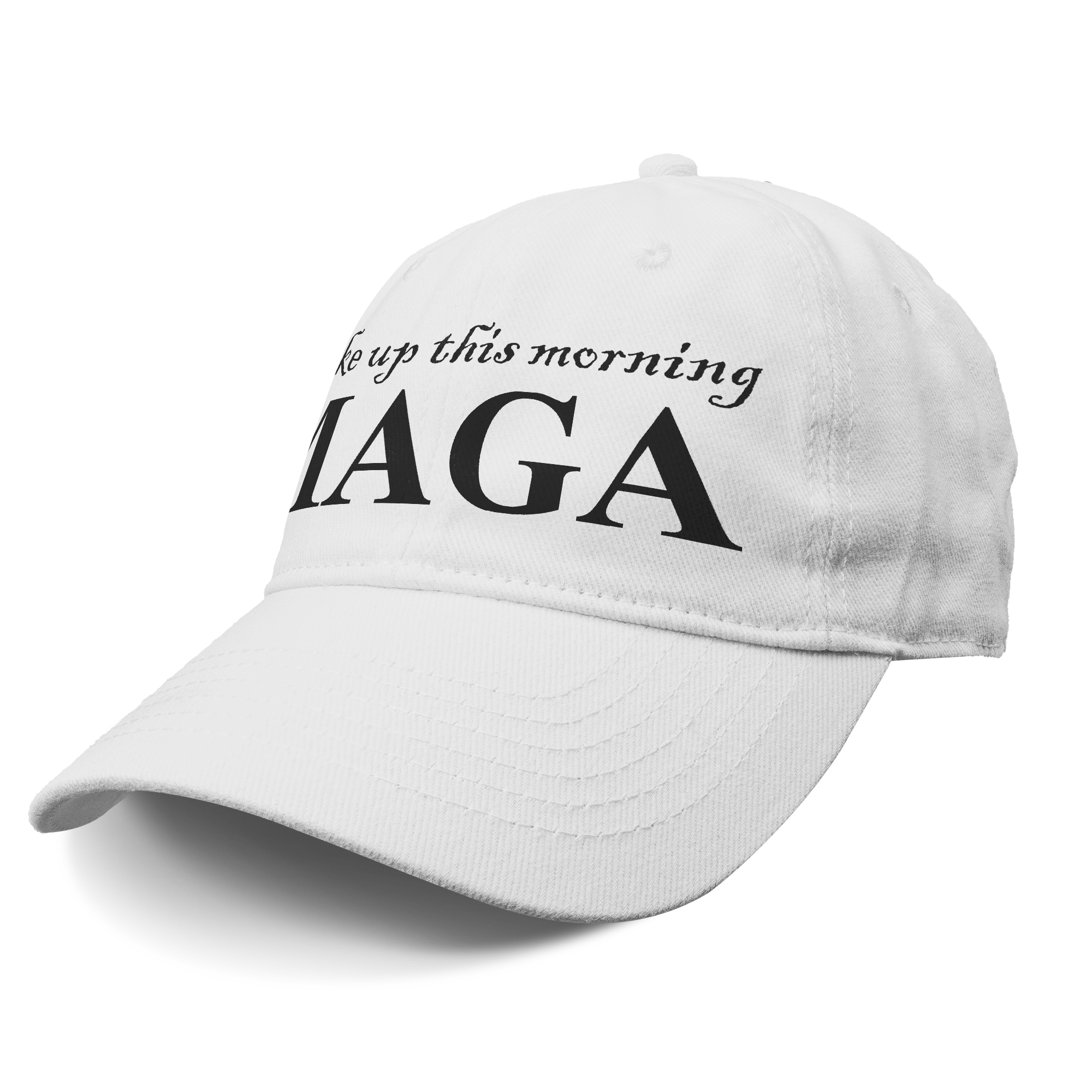 Woke Up This Morning Maga Blk Letters graphic cap showcasing a powerful message in bold lettering.