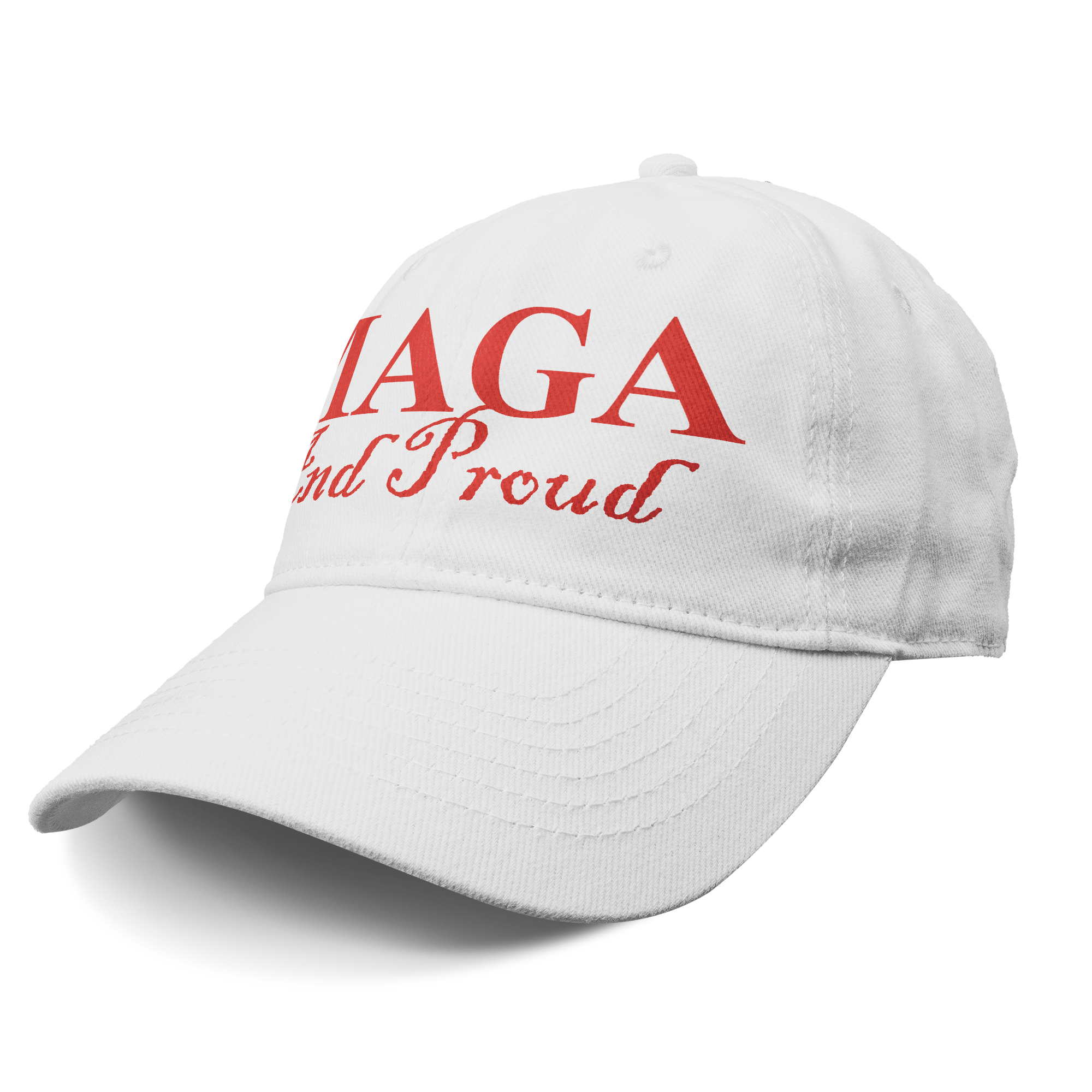 MAGA And Proud Red Font Apparel cap featuring bold red text on a white background.