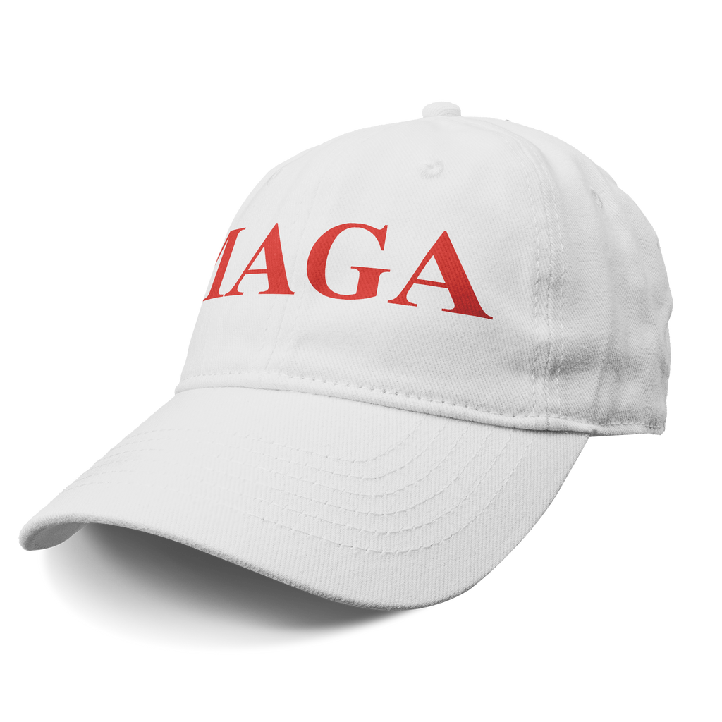 MAGA Red Letters Apparel Style white cap with red MAGA lettering, perfect for expressing personal values and patriotism.