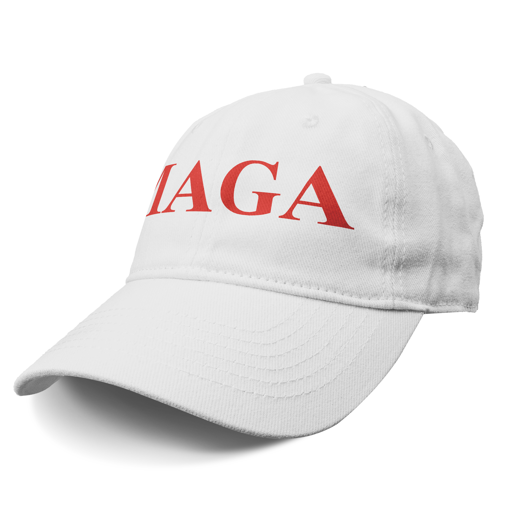 MAGA Red Letters Apparel Style white cap with red MAGA lettering, perfect for expressing personal values and patriotism.