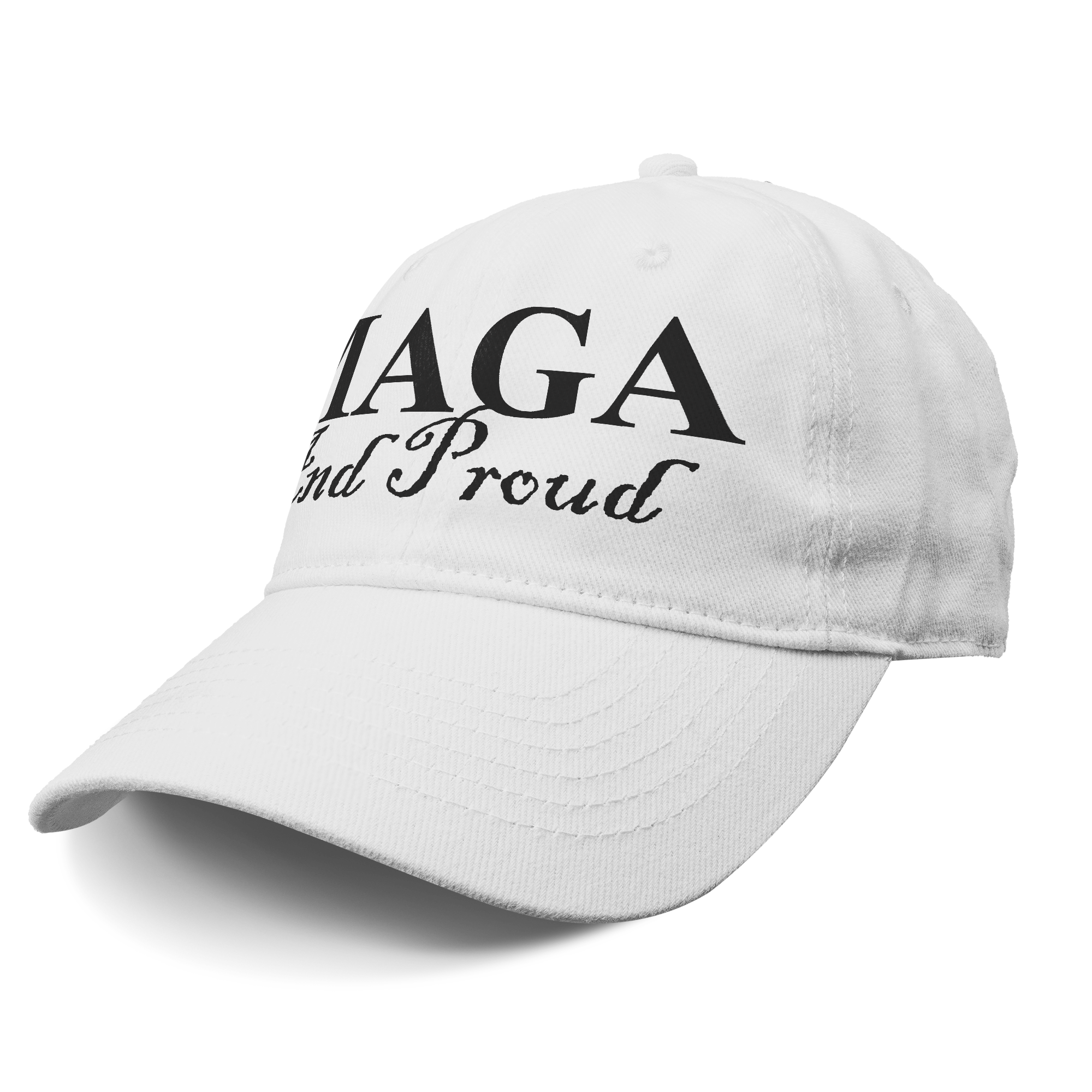 MAGA And Proud Black Script Tee on a white cap displaying bold text.