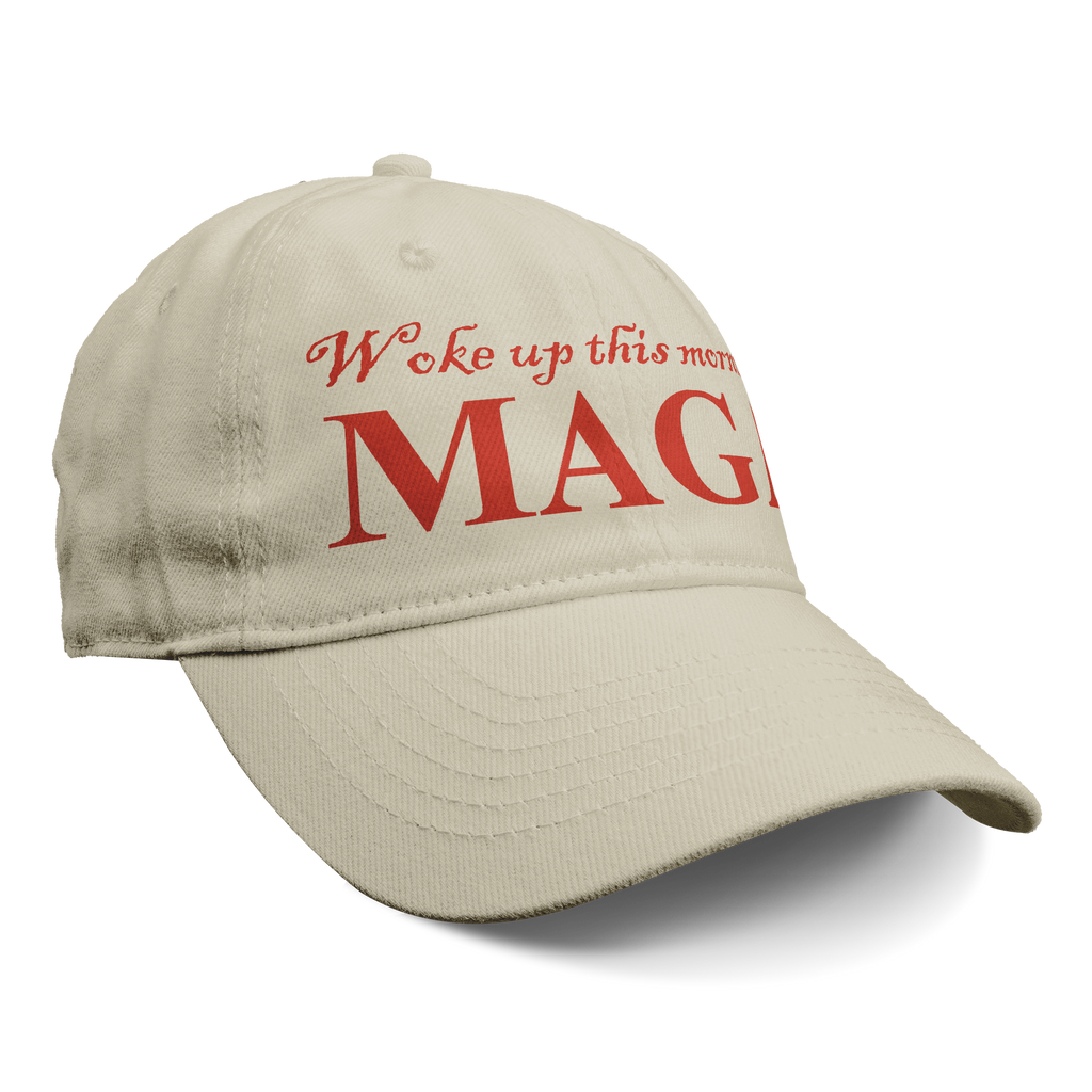 Woke Up This Morning Maga Red Letters graphic cap showcasing patriotic values and community spirit.