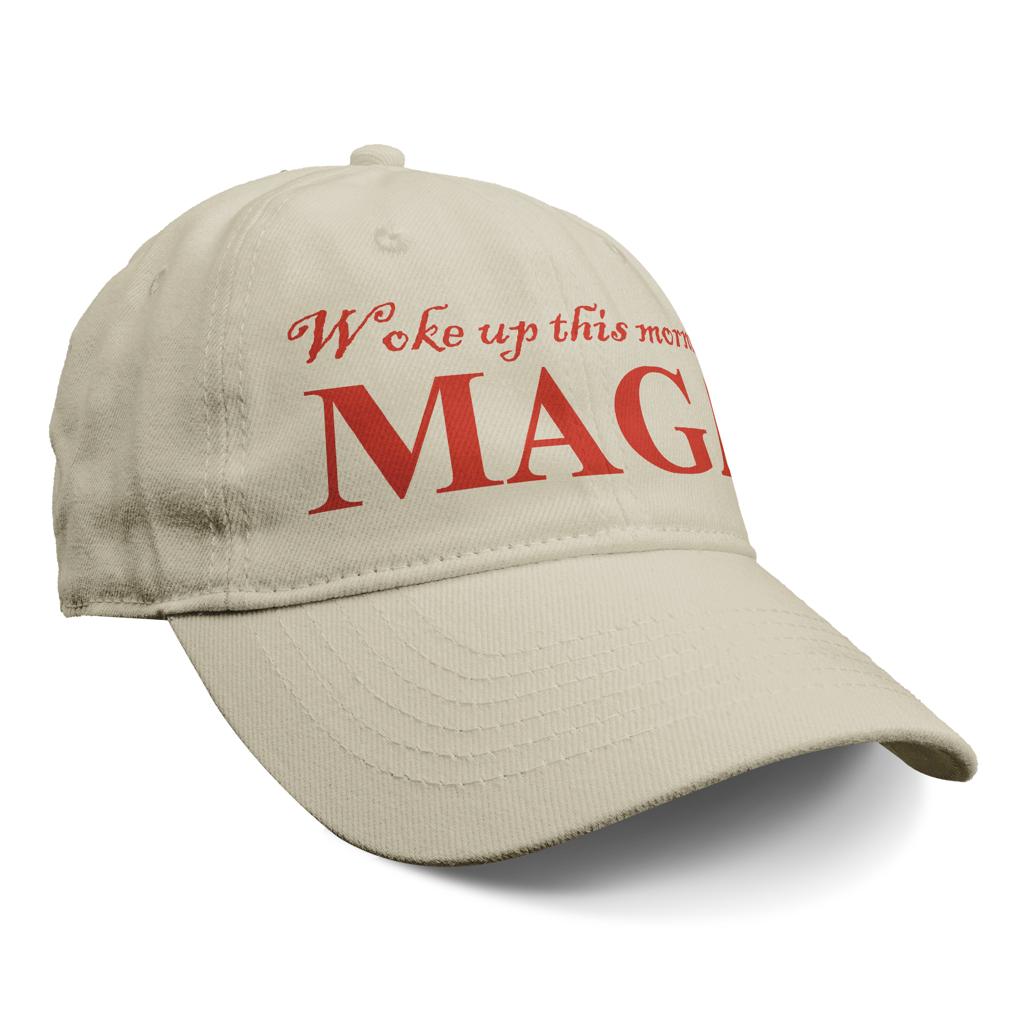 Woke Up This Morning Maga Red Letters graphic cap showcasing patriotic values and community spirit.