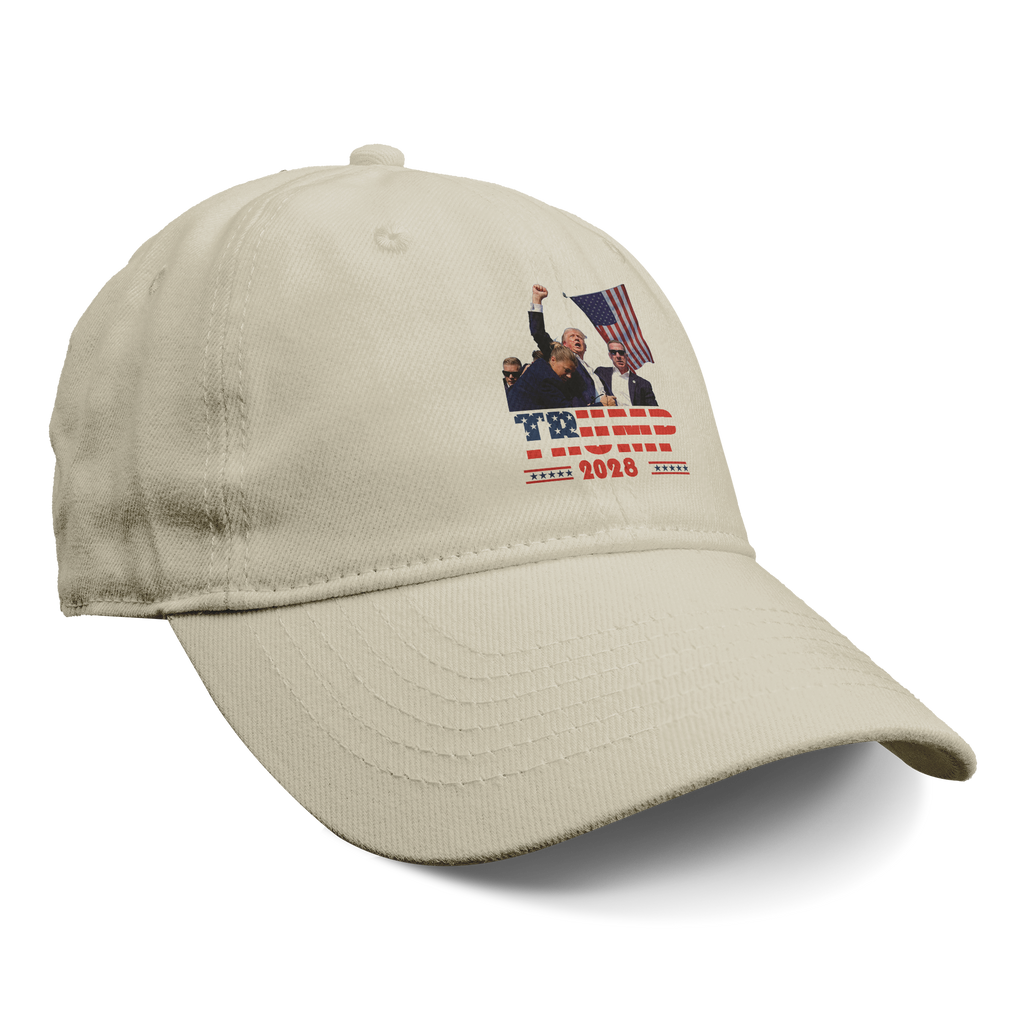 Trump Shot 2028 Graphic Design cap featuring patriotic theme and bold graphics.