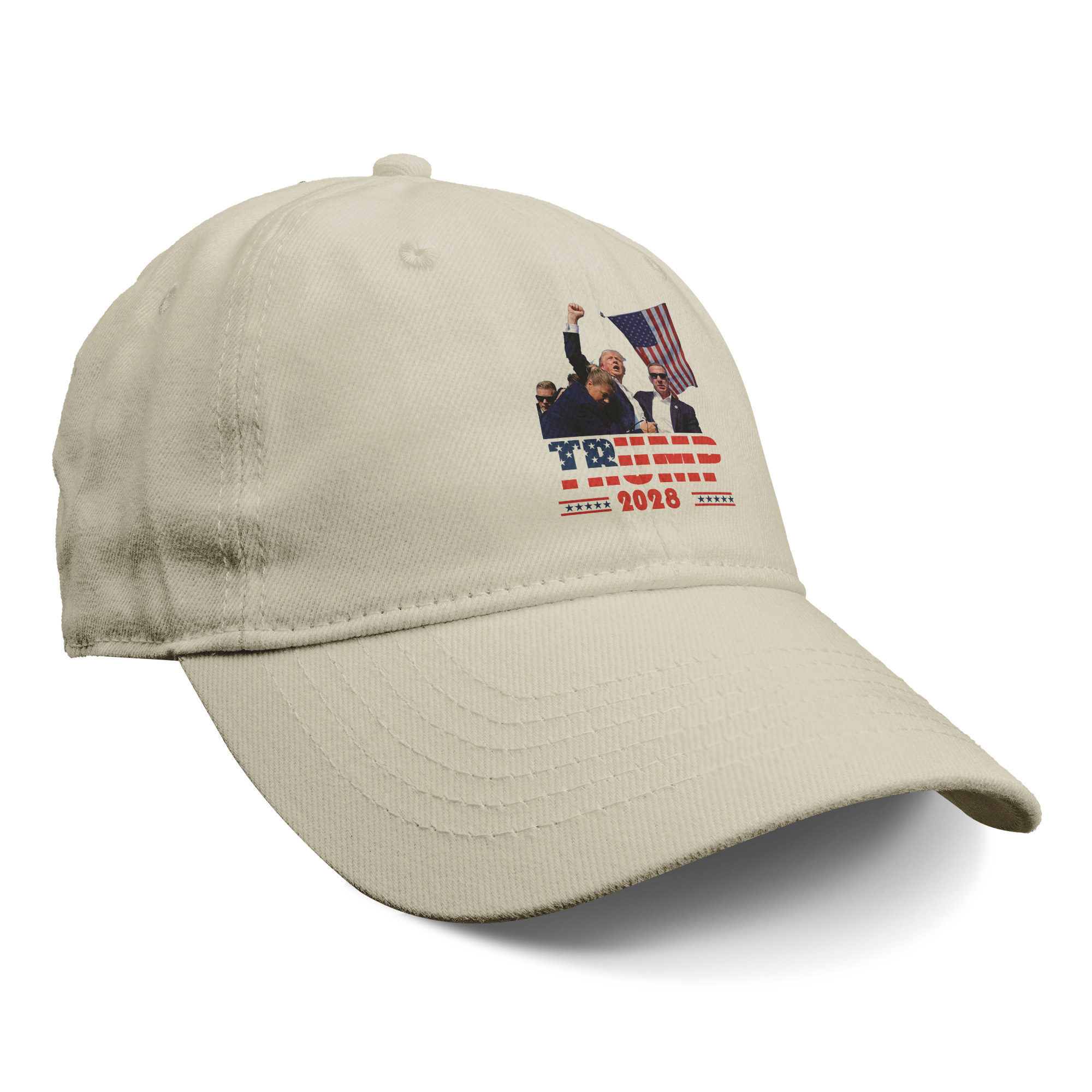 Trump Shot 2028 Graphic Design cap featuring patriotic theme and bold graphics.