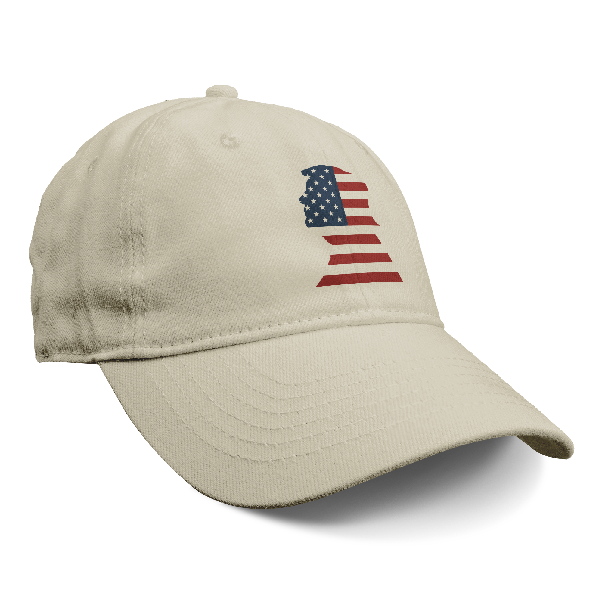 Trump As American Flag Apparel baseball cap with an American flag design.