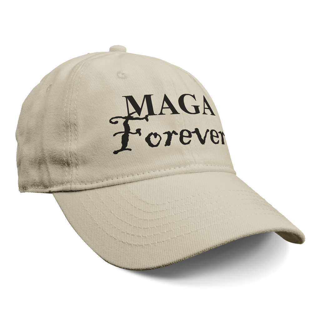 MAGA Forever Black Letters Style graphic hat in beige, showcasing bold lettering for patriotic expression.