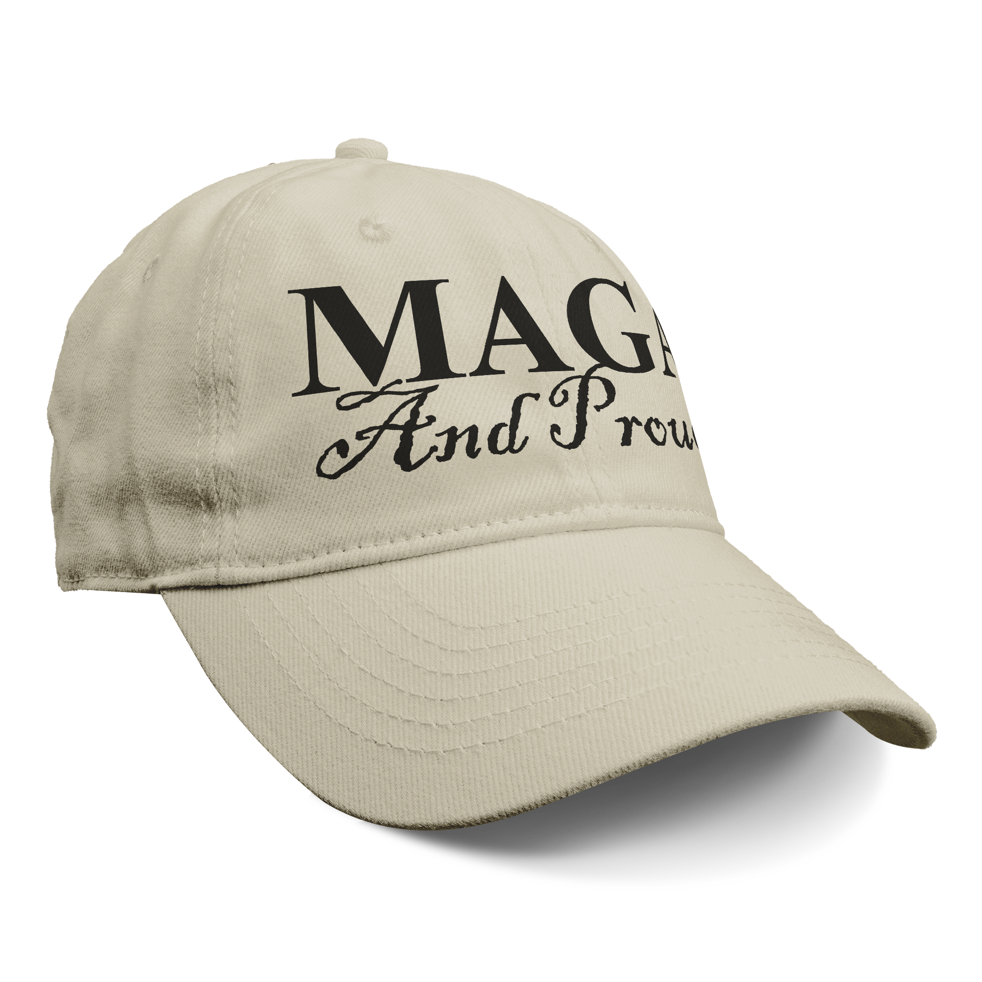 MAGA And Proud Black Script Tee logo on a beige baseball cap