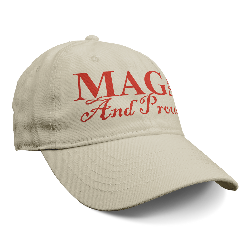 MAGA And Proud Red Font Apparel beige baseball cap with red text.