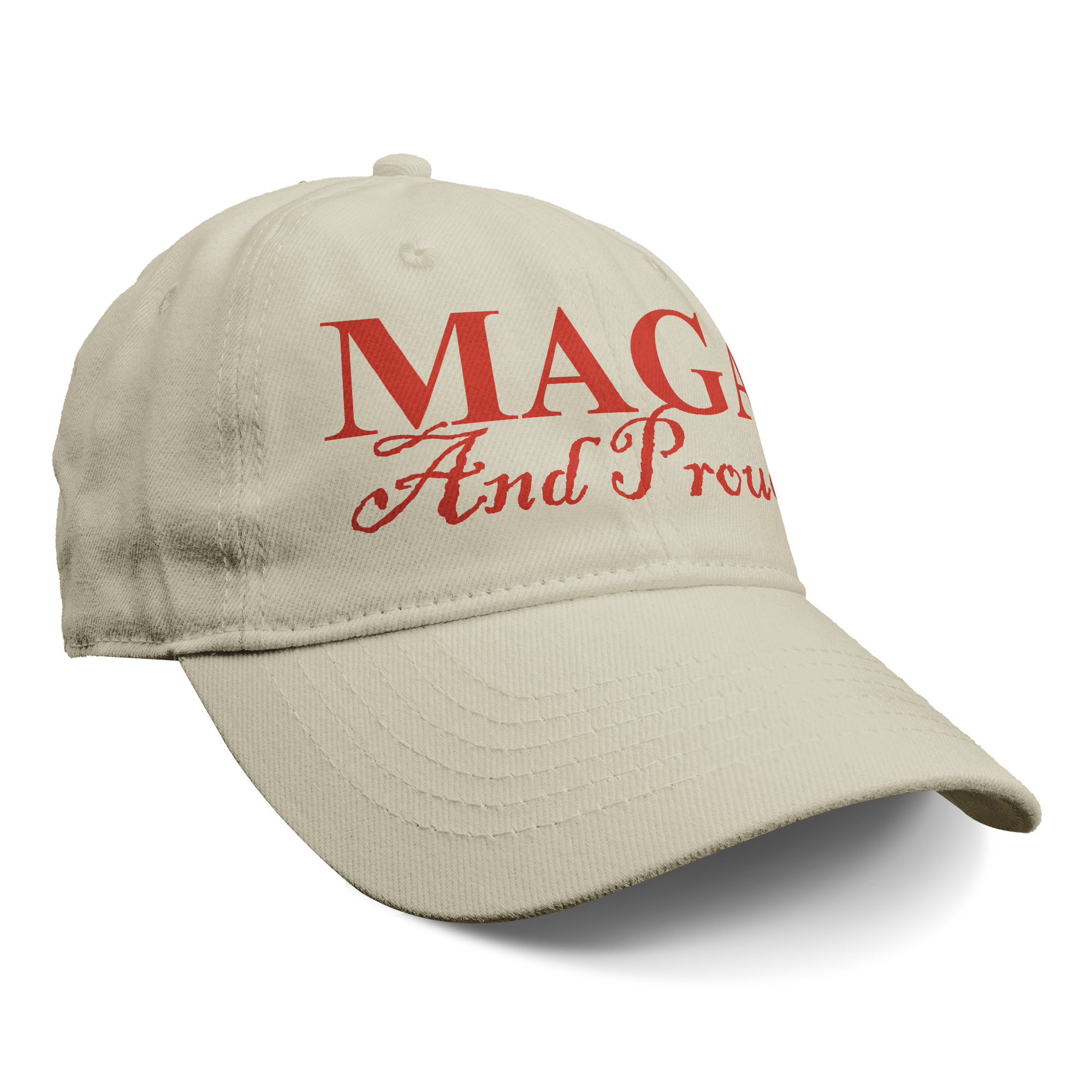 MAGA And Proud Red Font Apparel beige baseball cap with red text.