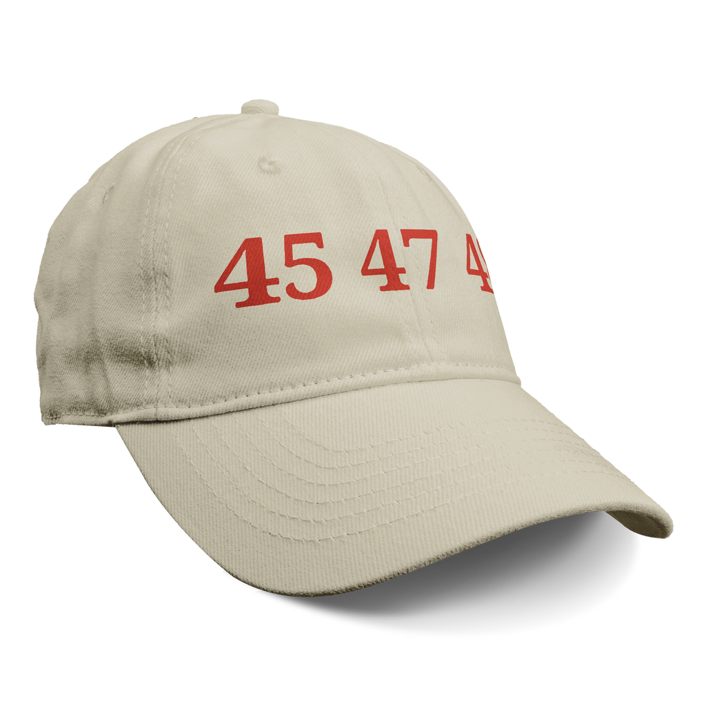 45 47 48 Trump Cap Red Word Art featuring bold red numbers on a beige cap.