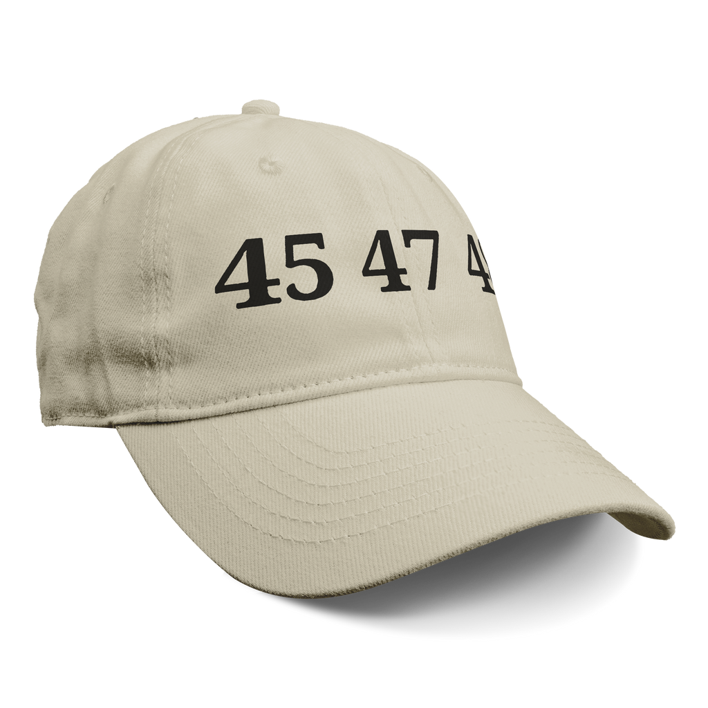 45 47 48 Trump Edition Headwear beige cap with embroidered numbers 45 47 48.