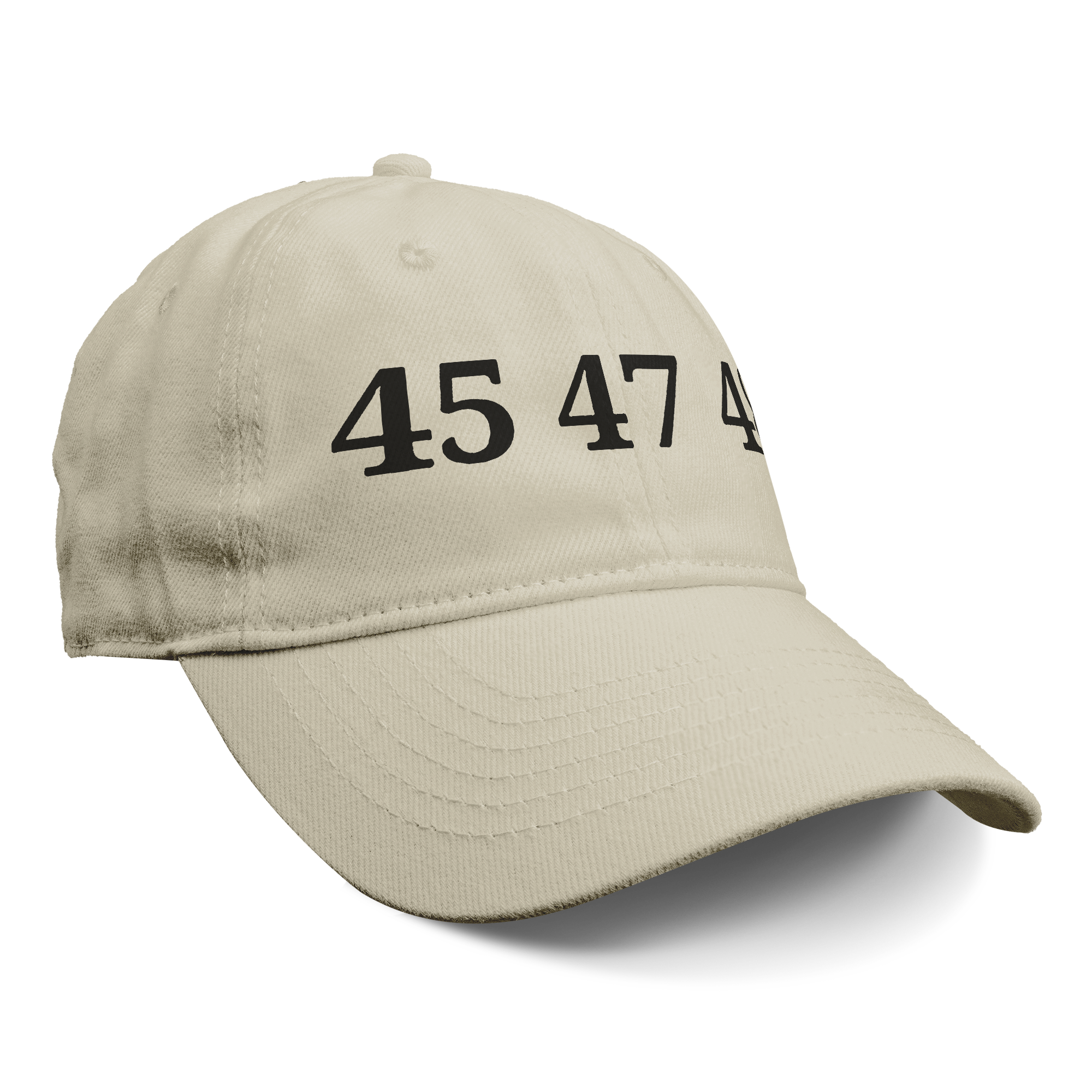 45 47 48 Trump Edition Headwear beige cap with embroidered numbers 45 47 48.