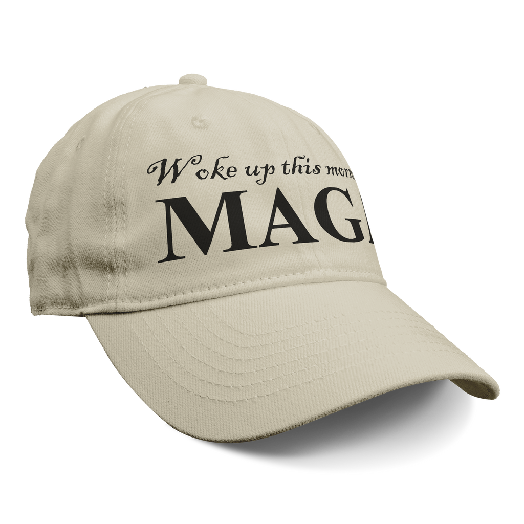 Woke Up This Morning Maga Blk Letters graphic cap in beige with bold lettering.