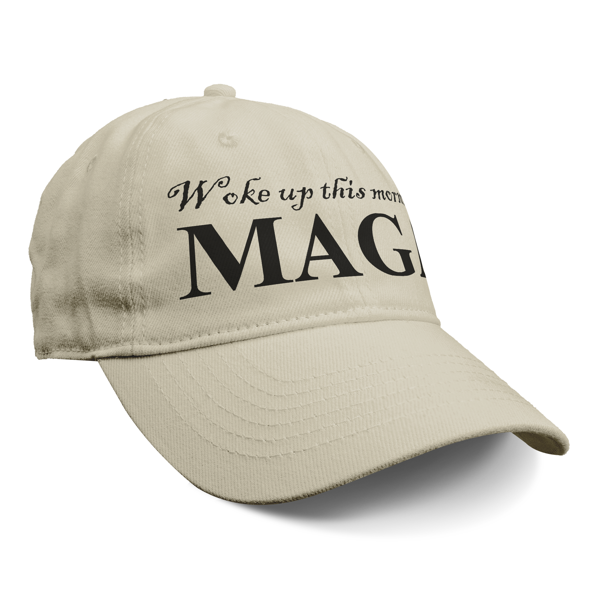 Woke Up This Morning Maga Blk Letters graphic cap in beige with bold lettering.