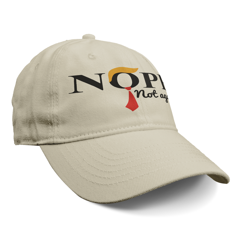 Nope - Not Again With Hair and Tie cap in beige featuring a bold logo and red tie design.