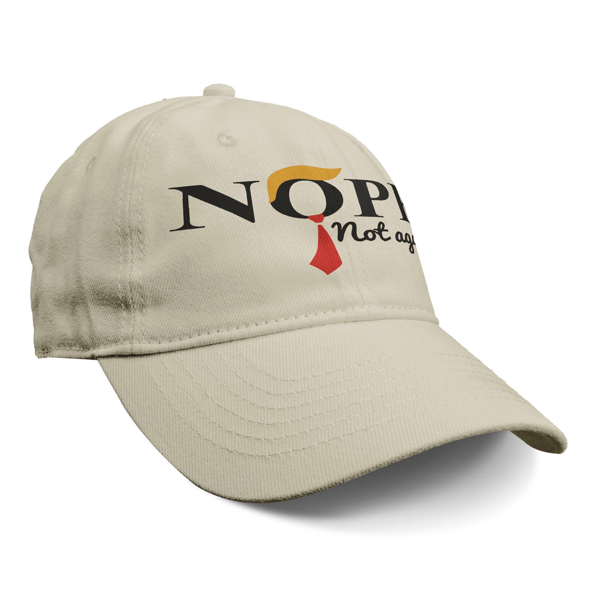 Nope - Not Again With Hair and Tie cap in beige featuring a bold logo and red tie design.