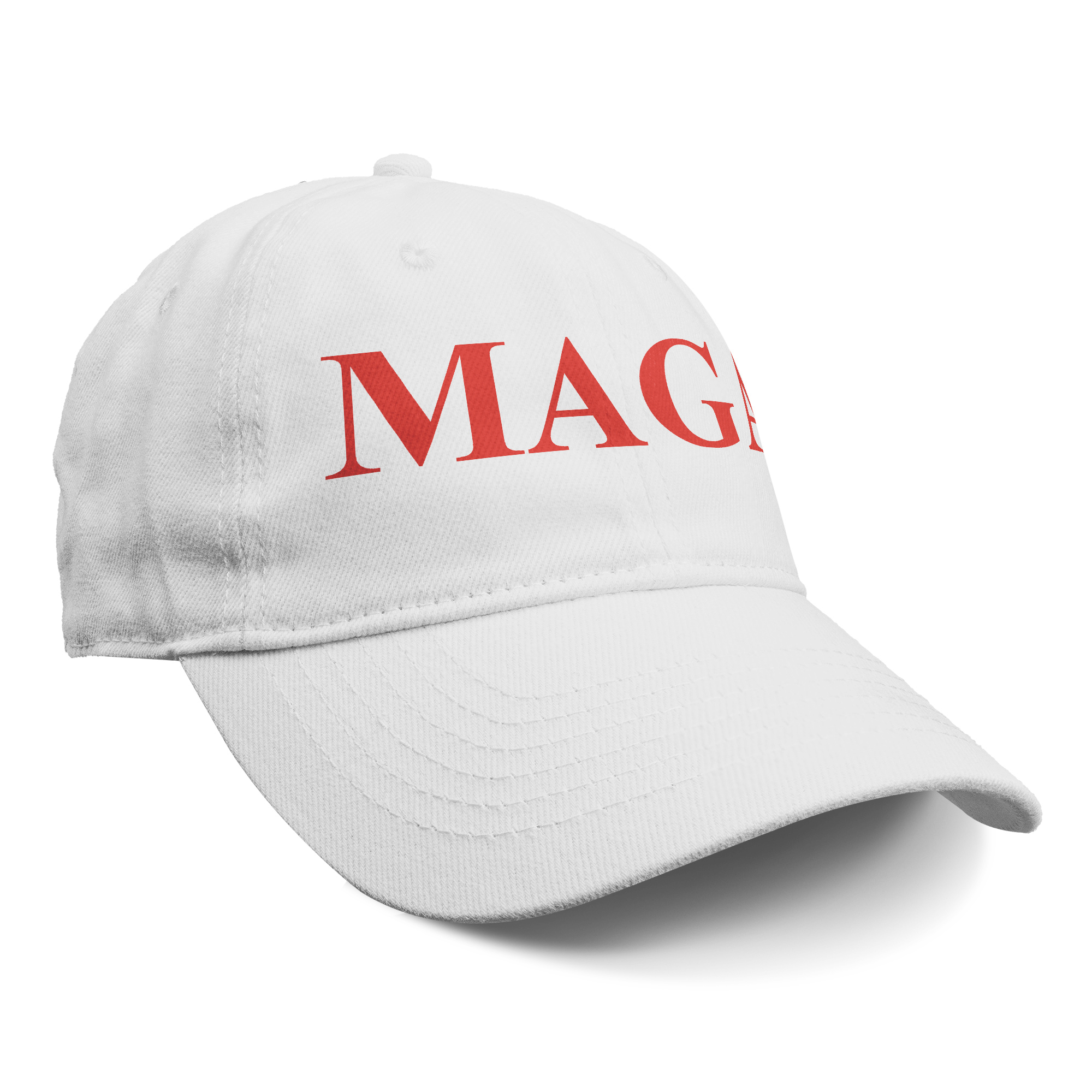 MAGA Red Letters Apparel Style white cap with bold red MAGA lettering for patriots expressing their values.