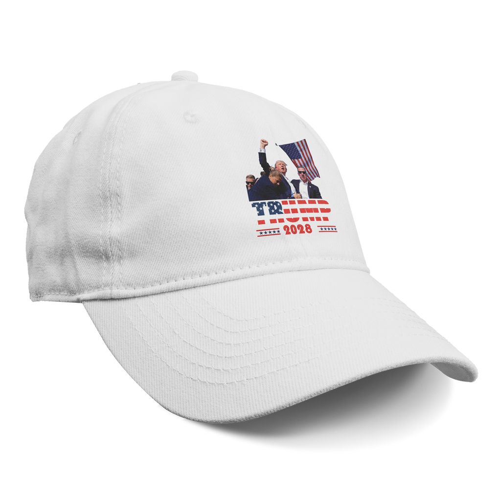 Trump Shot 2028 Graphic Design on a white cap with patriotic colors and imagery.