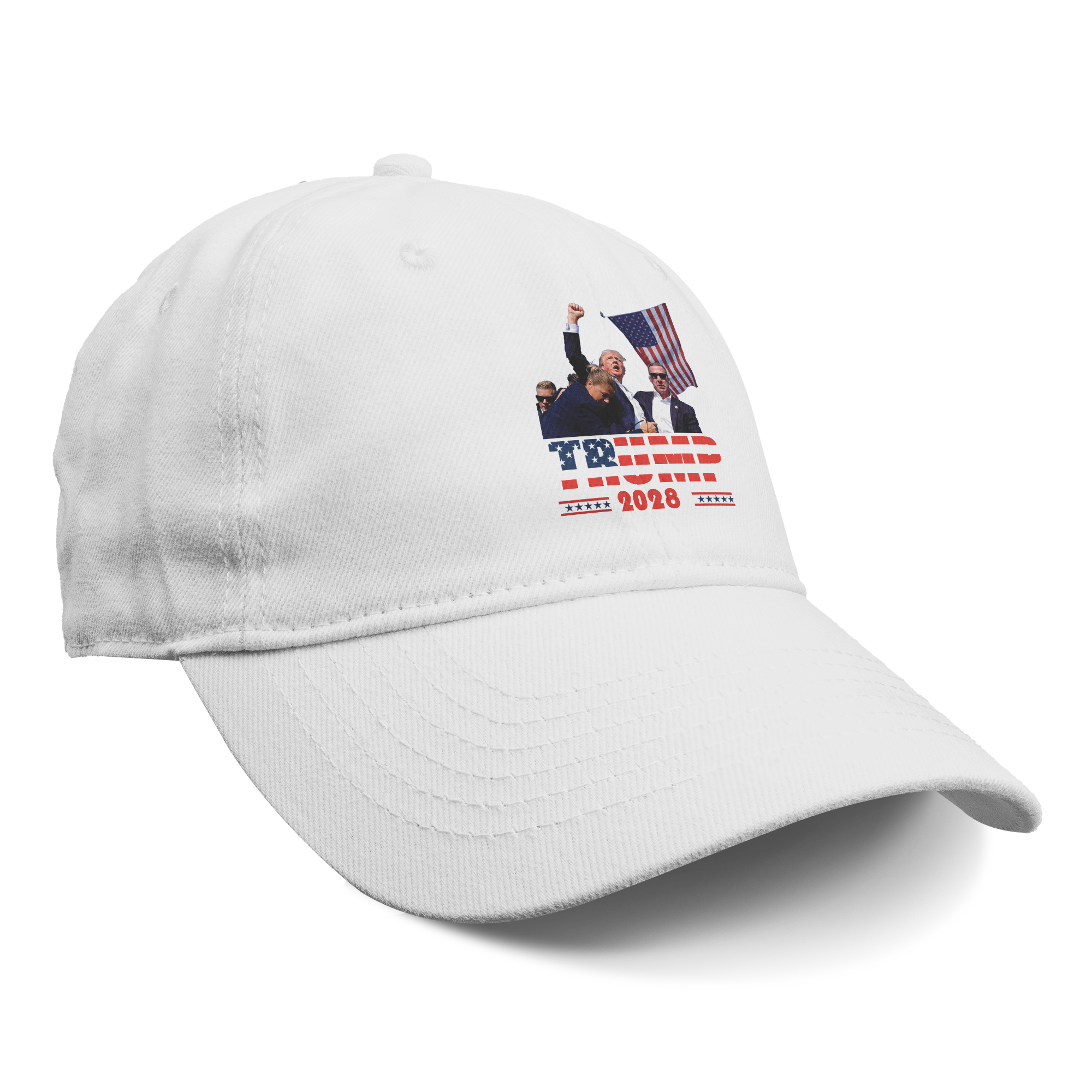 Trump Shot 2028 Graphic Design on a white cap with patriotic colors and imagery.