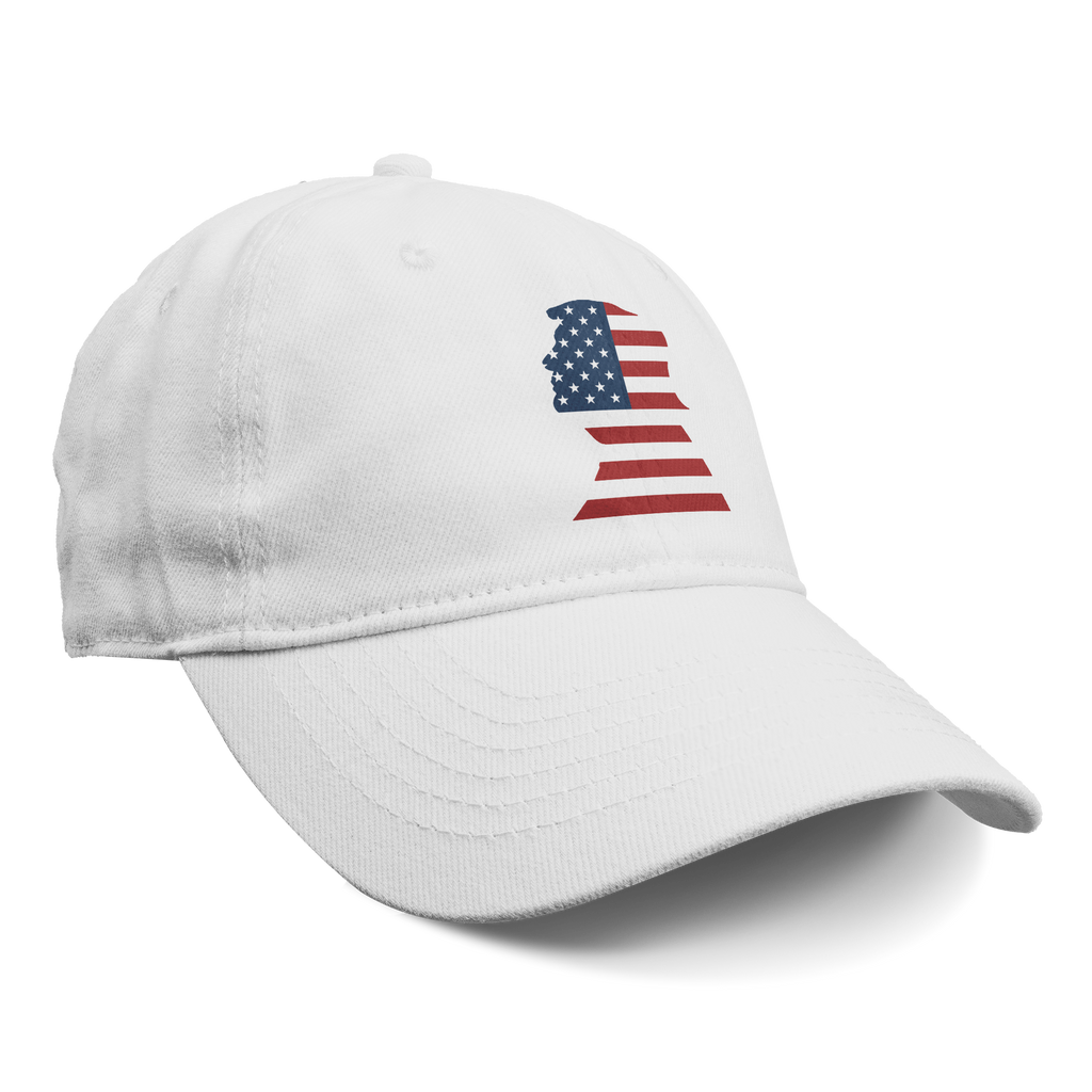 Trump As American Flag Apparel white cap featuring a graphic design of a side profile and American flag.
