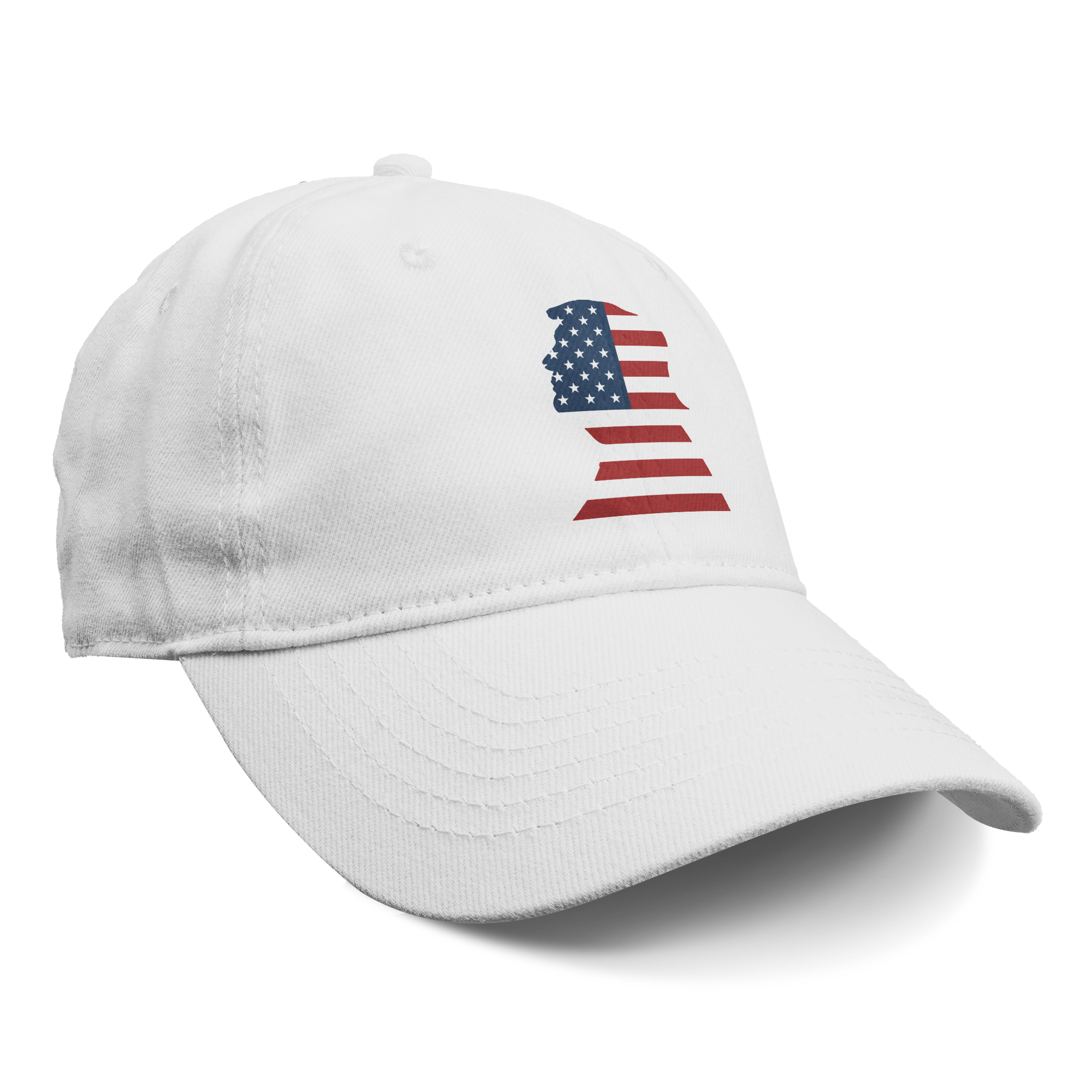 Trump As American Flag Apparel white cap featuring a graphic design of a side profile and American flag.