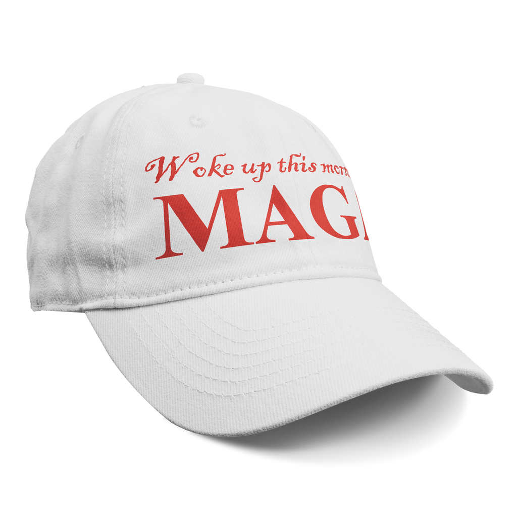 Woke Up This Morning Maga Red Letters graphic cap featuring bold red lettering on a white hat.