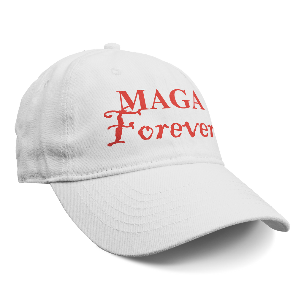 MAGA Forever Red Letters Graphic featured on a white cap, representing personal values and patriotism.