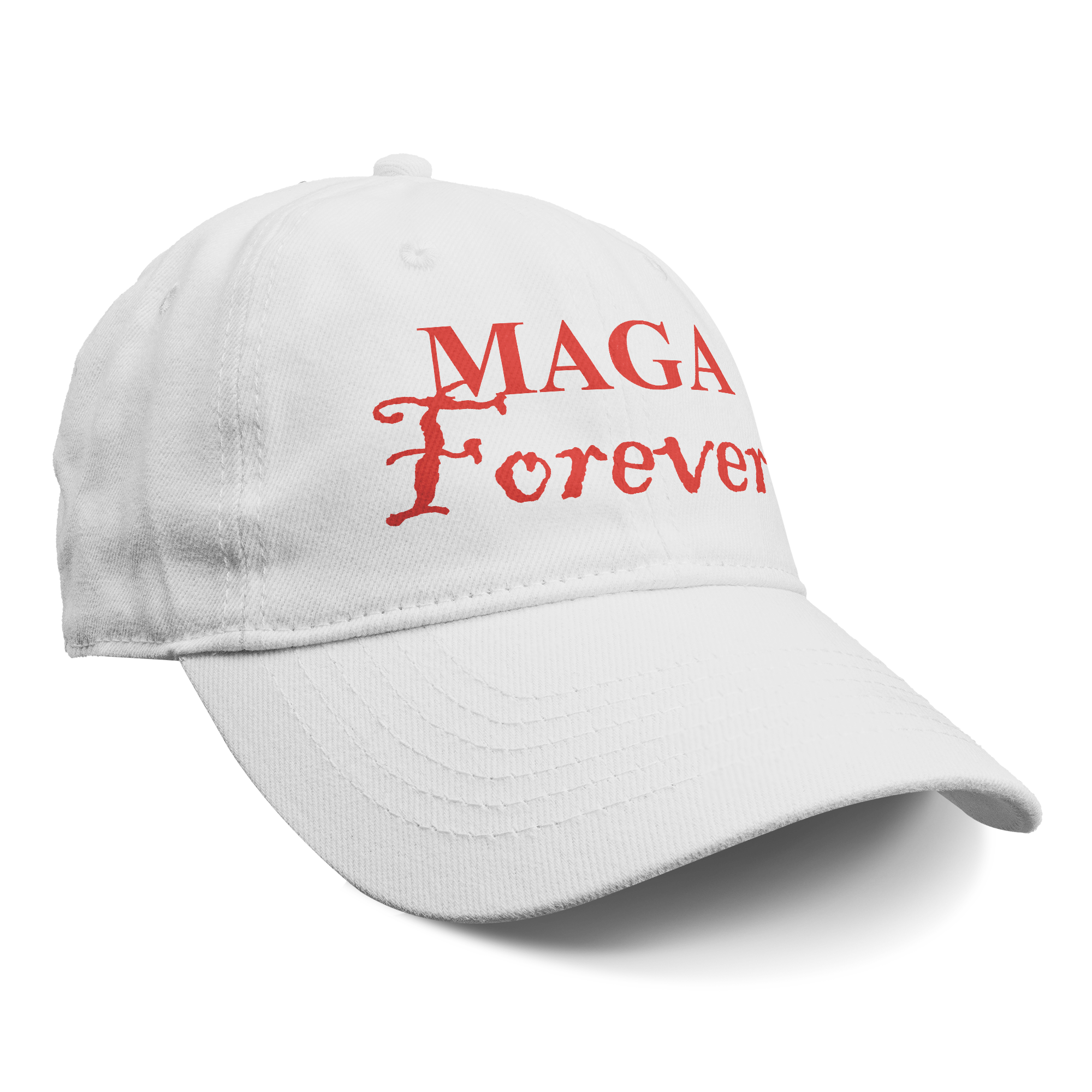 MAGA Forever Red Letters Graphic featured on a white cap, representing personal values and patriotism.