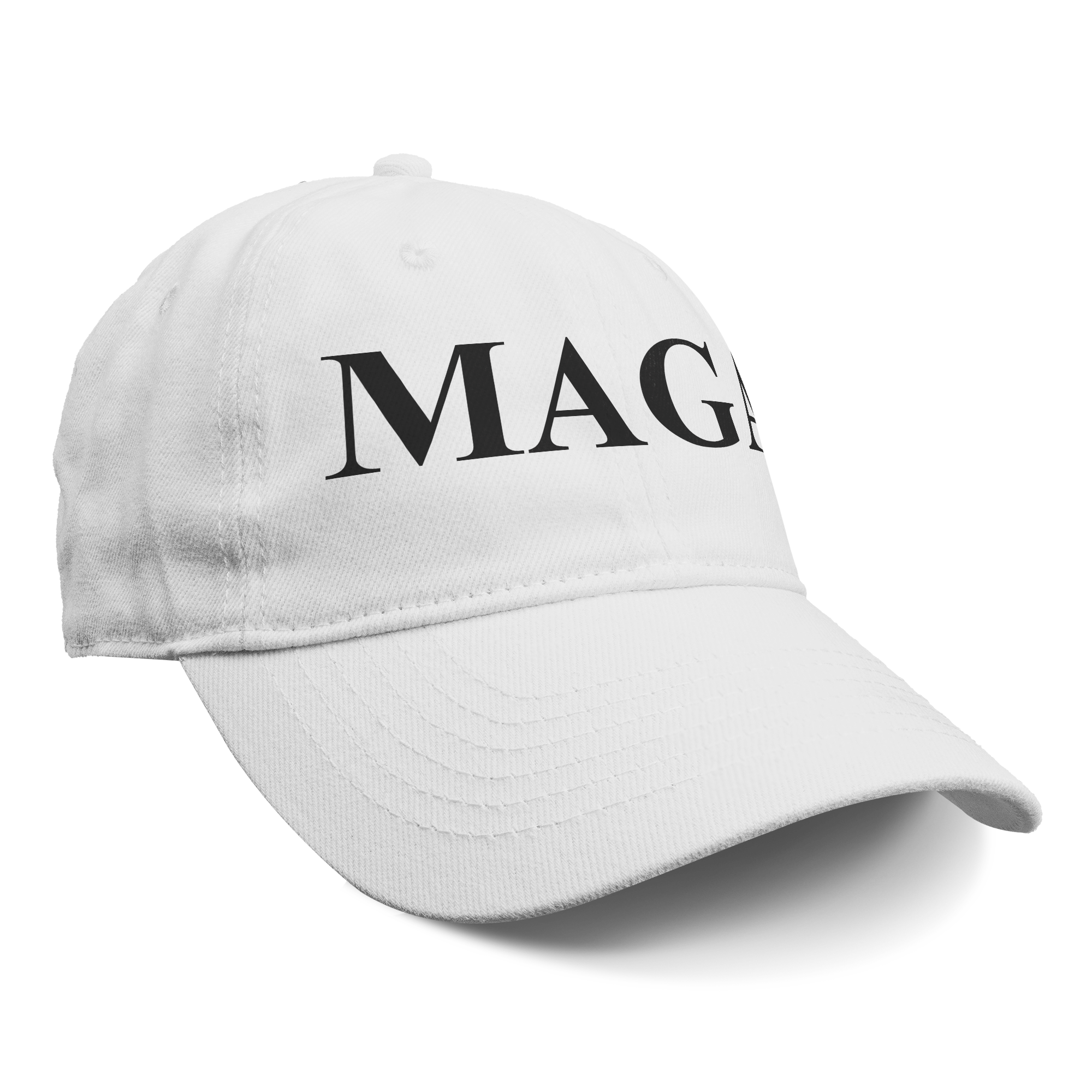 MAGA Black Letters Custom Print graphic baseball cap in white with black lettering.