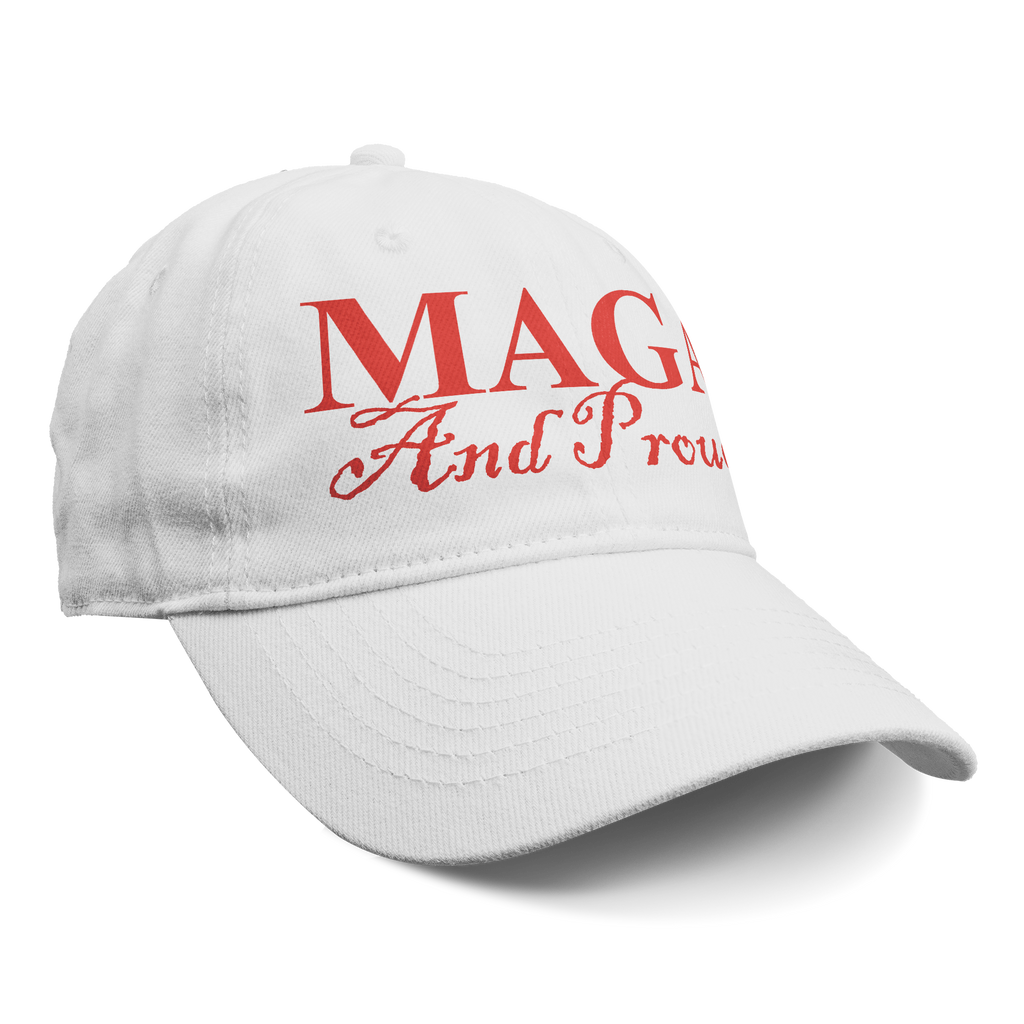 MAGA And Proud Red Font Apparel white baseball cap with bold red lettering