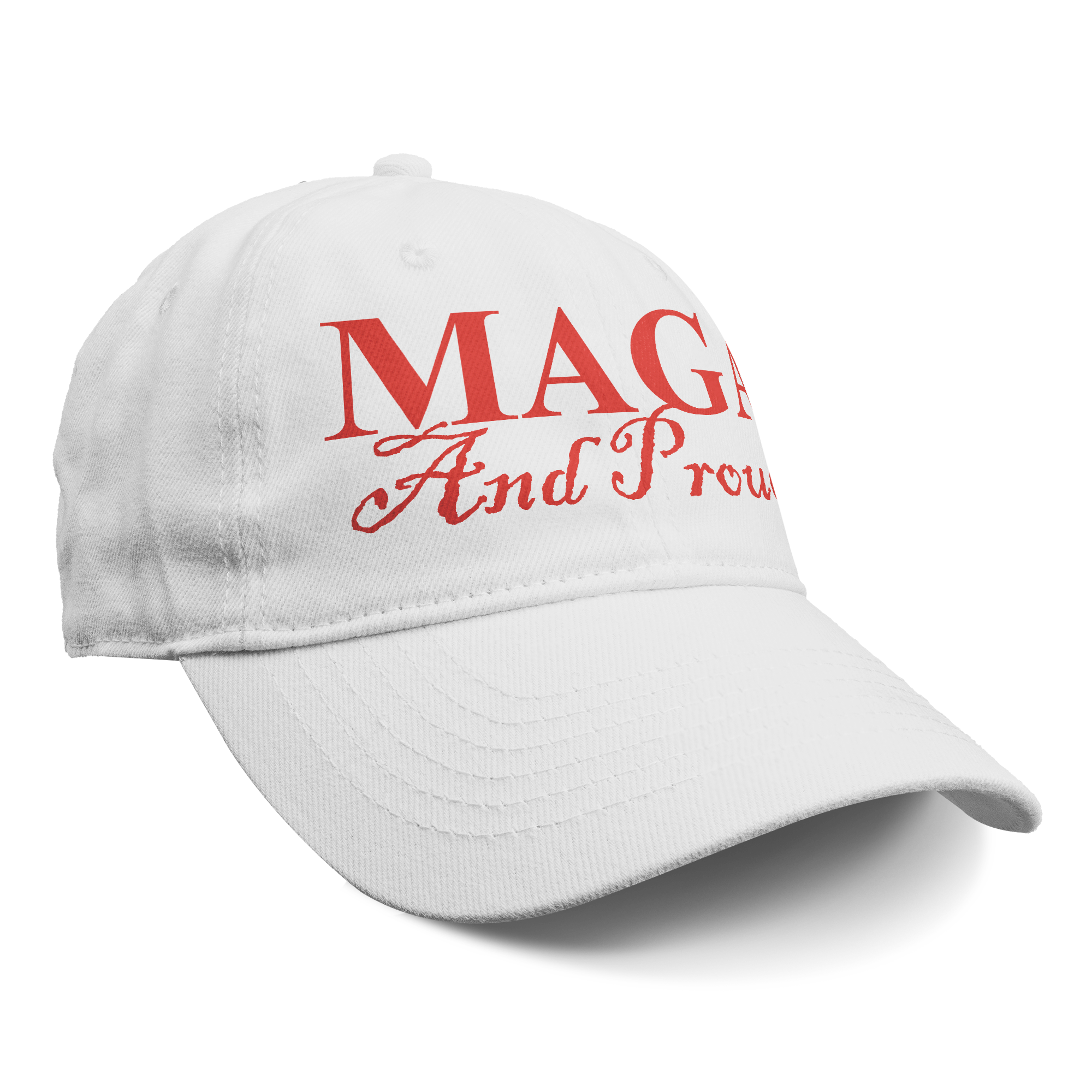 MAGA And Proud Red Font Apparel white baseball cap with bold red lettering