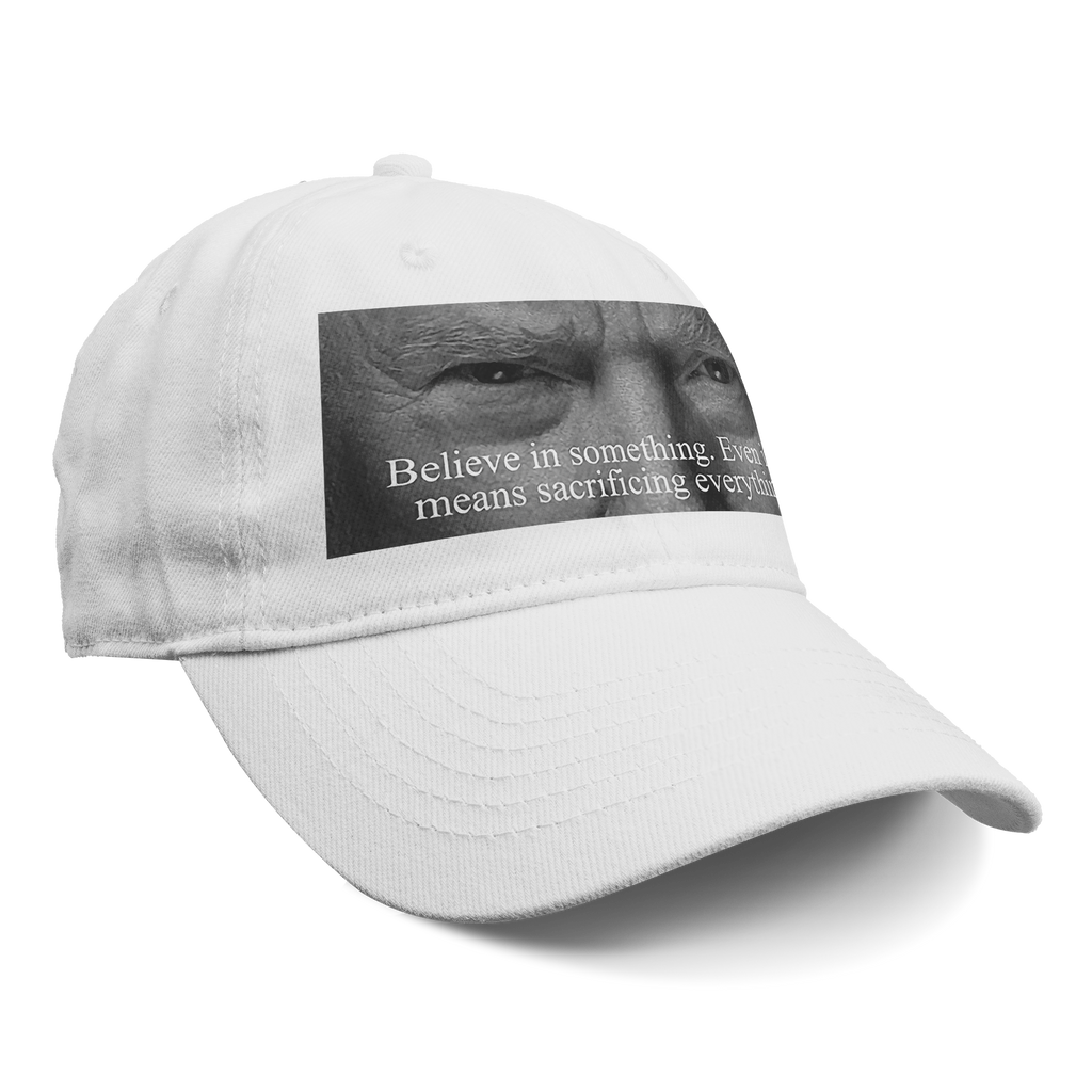 Trump Believe In Something Print white baseball cap featuring powerful graphic with motivational text.