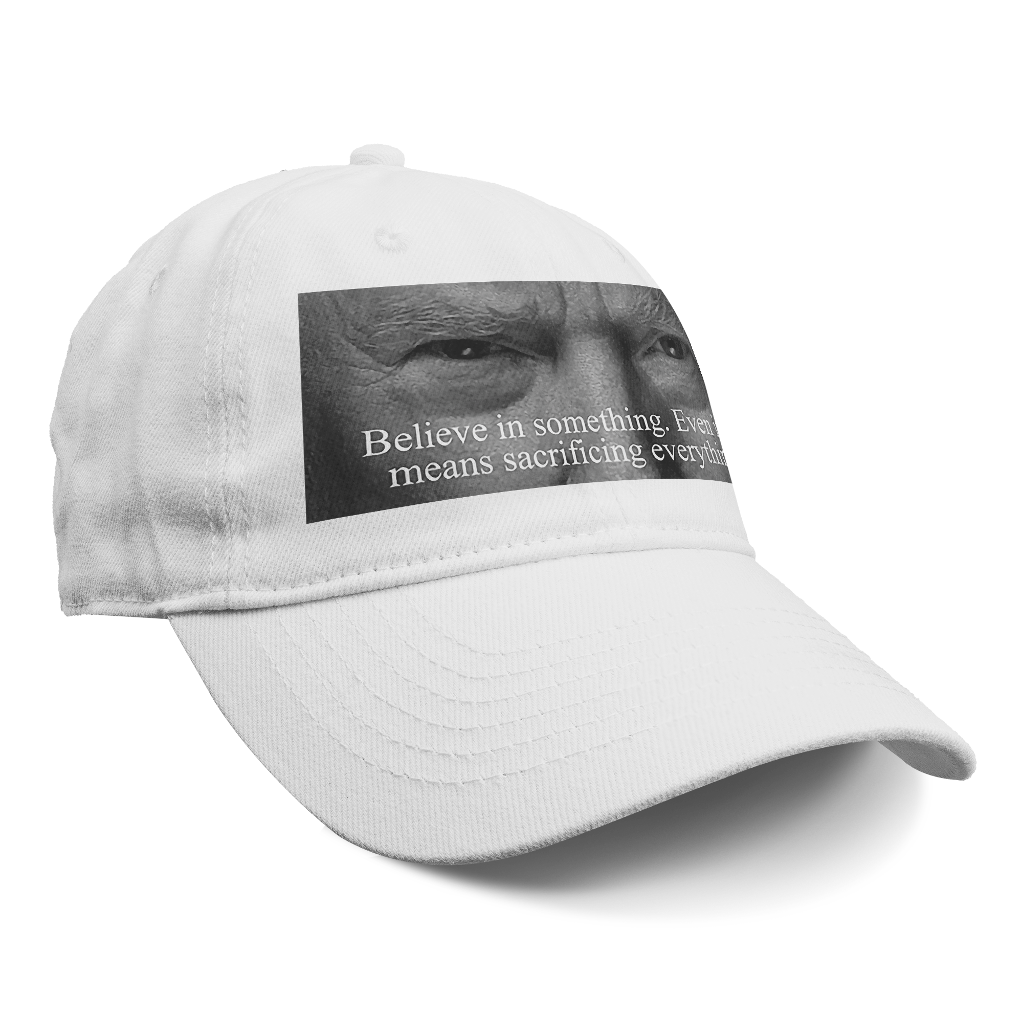 Trump Believe In Something Print white baseball cap featuring powerful graphic with motivational text.