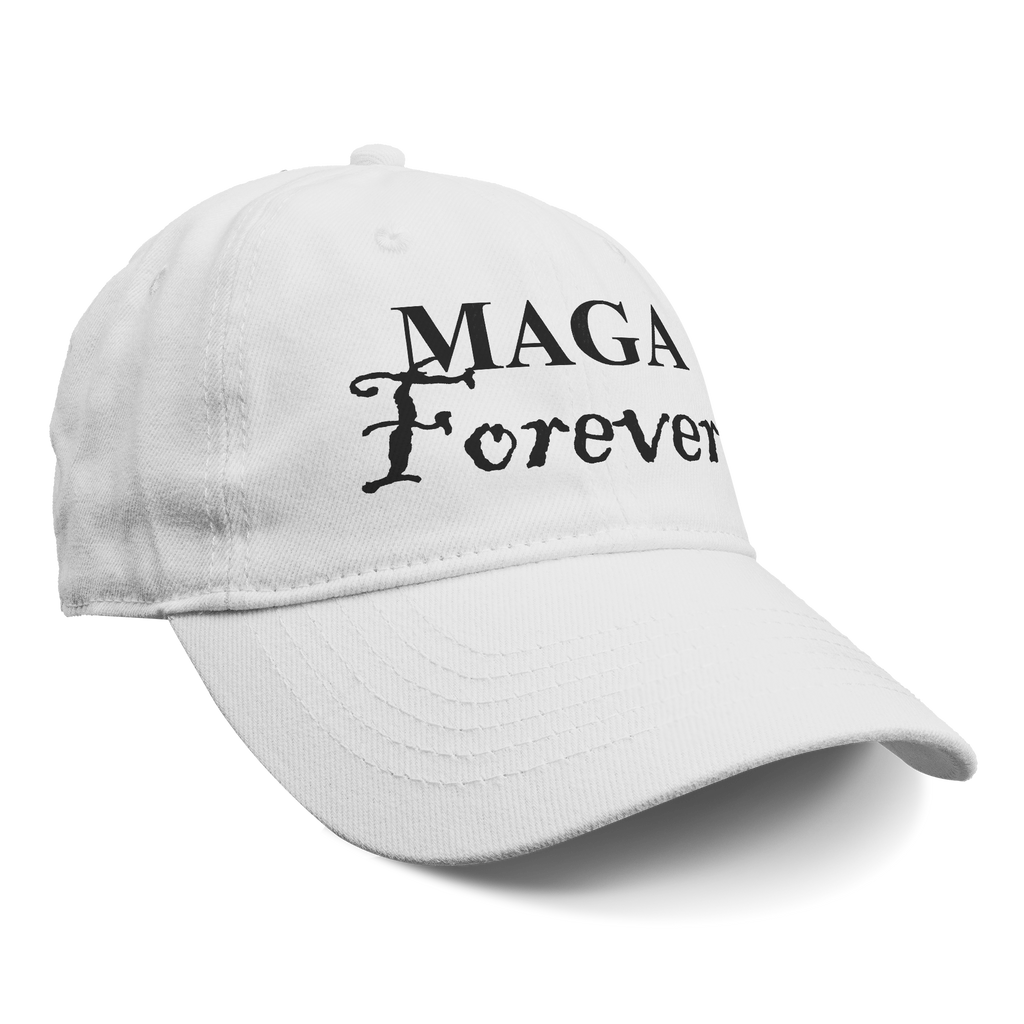 MAGA Forever Black Letters Style black text cap on white background showcasing patriotic message.