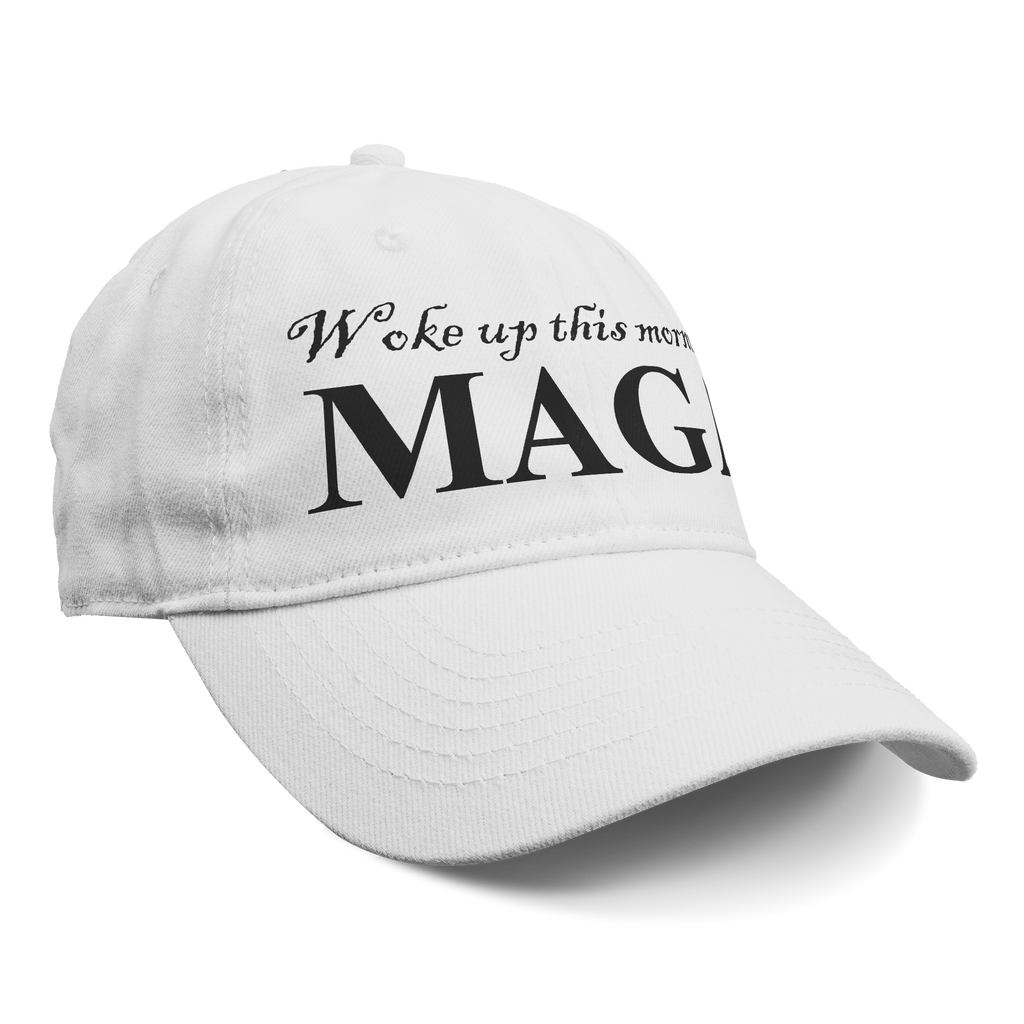 Woke Up This Morning Maga Blk Letters white cap with graphic design